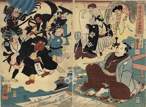 Woodblock print Ukiyo e Kuniyoshi Matabei Diptych 1853 Masterpieces: Woodblock print Ukiyo e Kuniyoshi Matabei Diptych 1853 Masterpieces Item Specifics: Artist: Utagawa Kuniyoshi Subject: Miracle of Matabei Material: Paper Style: Japanese Year Of Production: 1853