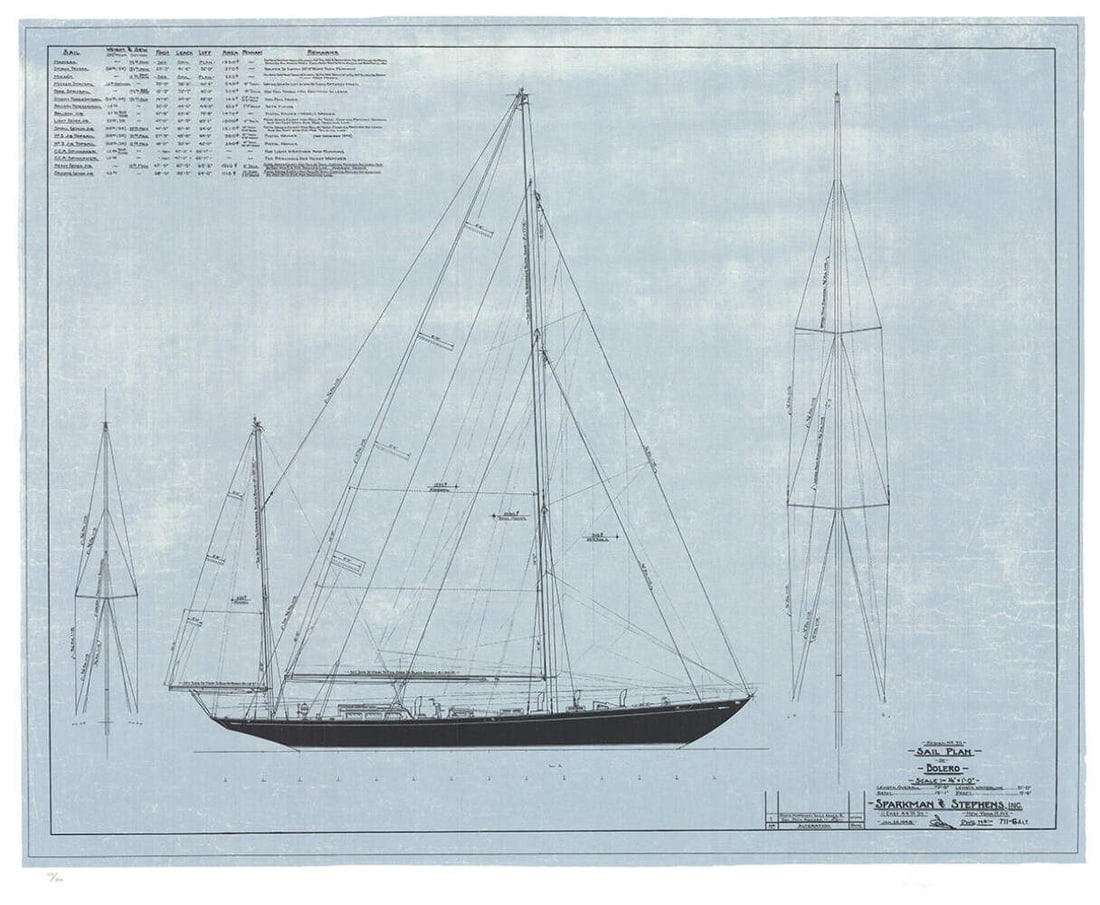 OLIN STEPHENS Bolero: Sail Plan 1949 SIGNED 30.75" x 35.5" Serigraph 2004 Conte (1 of 2)