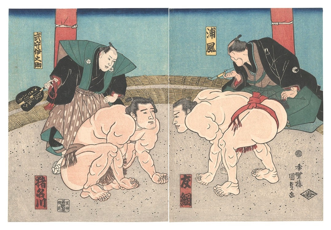Kunisada I Sumo e Woodblock Print Diptych 1843 1847 Edo Period Rare Chuban: Kunisada I Sumo e Woodblock Print Diptych 1843 1847 Edo Period Rare Chuban Item Specifics: Artist: Kunisada I Subject: Sumo Wrestling Material: Paper Style: Japanese Year Of Production: 1843 Product D