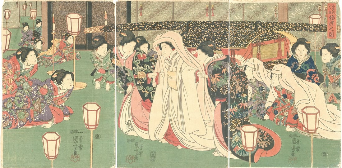 Utagawa Kuniyoshi Japanese Woodblock Print Wedding Ceremony Triptych (1 of 2)