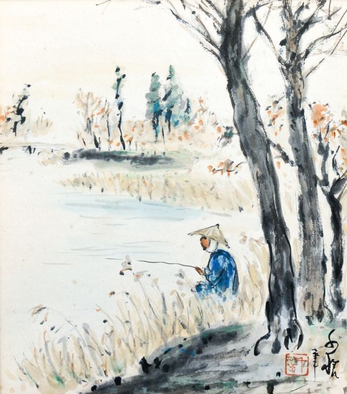 Japanese Woodblock Print Shikishi Art Board Ogawa Senyo Fisherman Fishing (1 of 1)