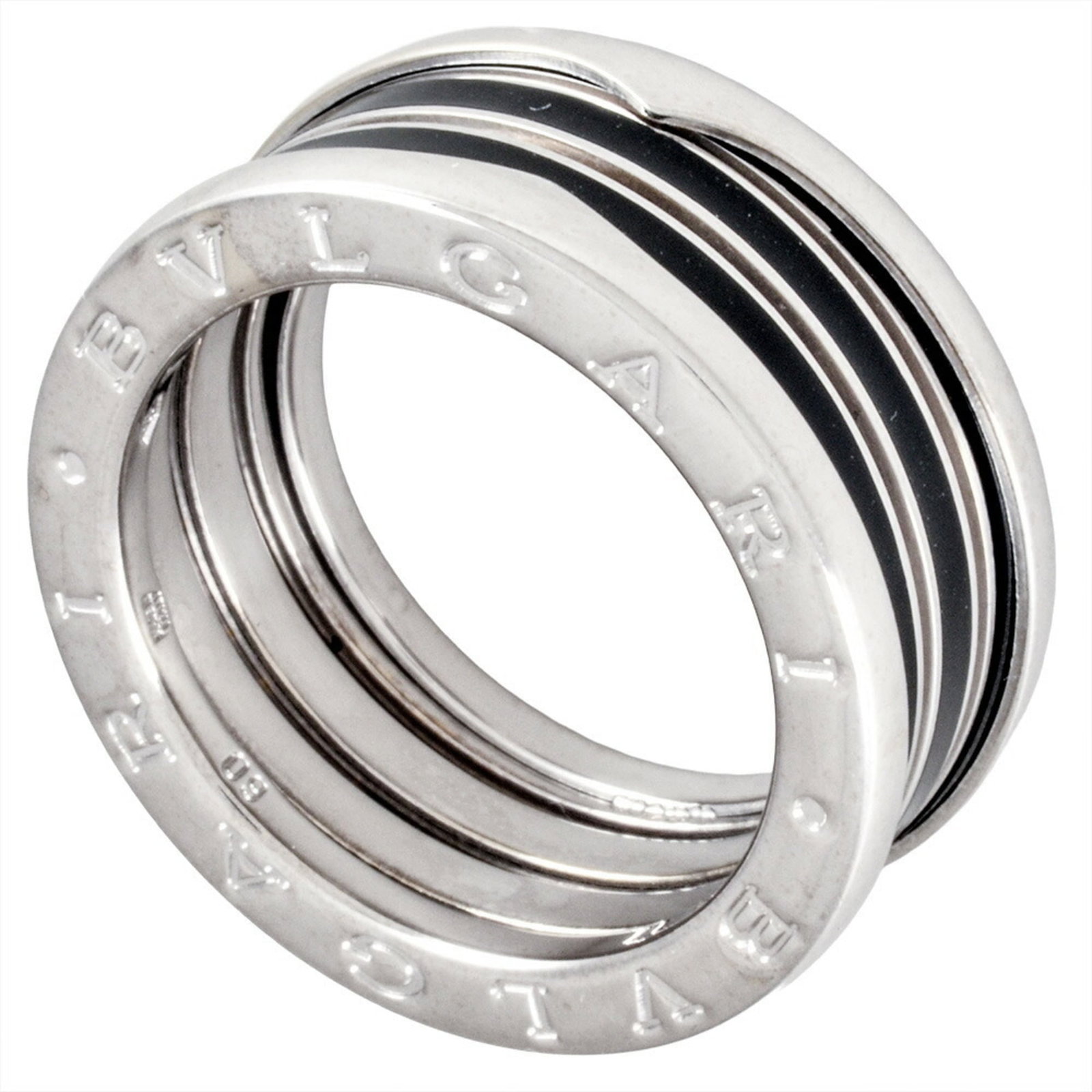 BVLGARI Band Ring Enamel Lacquer: BVLGARI Band Ring Enamel Lacquer Bvlgari Band Ring Enamel Lacquer is a sleek and modern accessory featuring a striking white gold band adorned with a glossy black enamel lacquer finish. The 18K metal