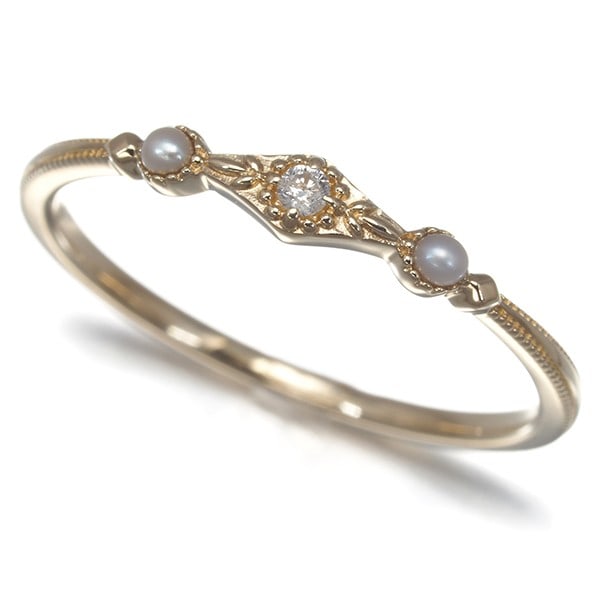 Agete Ring Diamond 0.02Ct Baby Pearl 1.6Mm Us5.75-6 10K 416 Yellow Gold (1 of 5)
