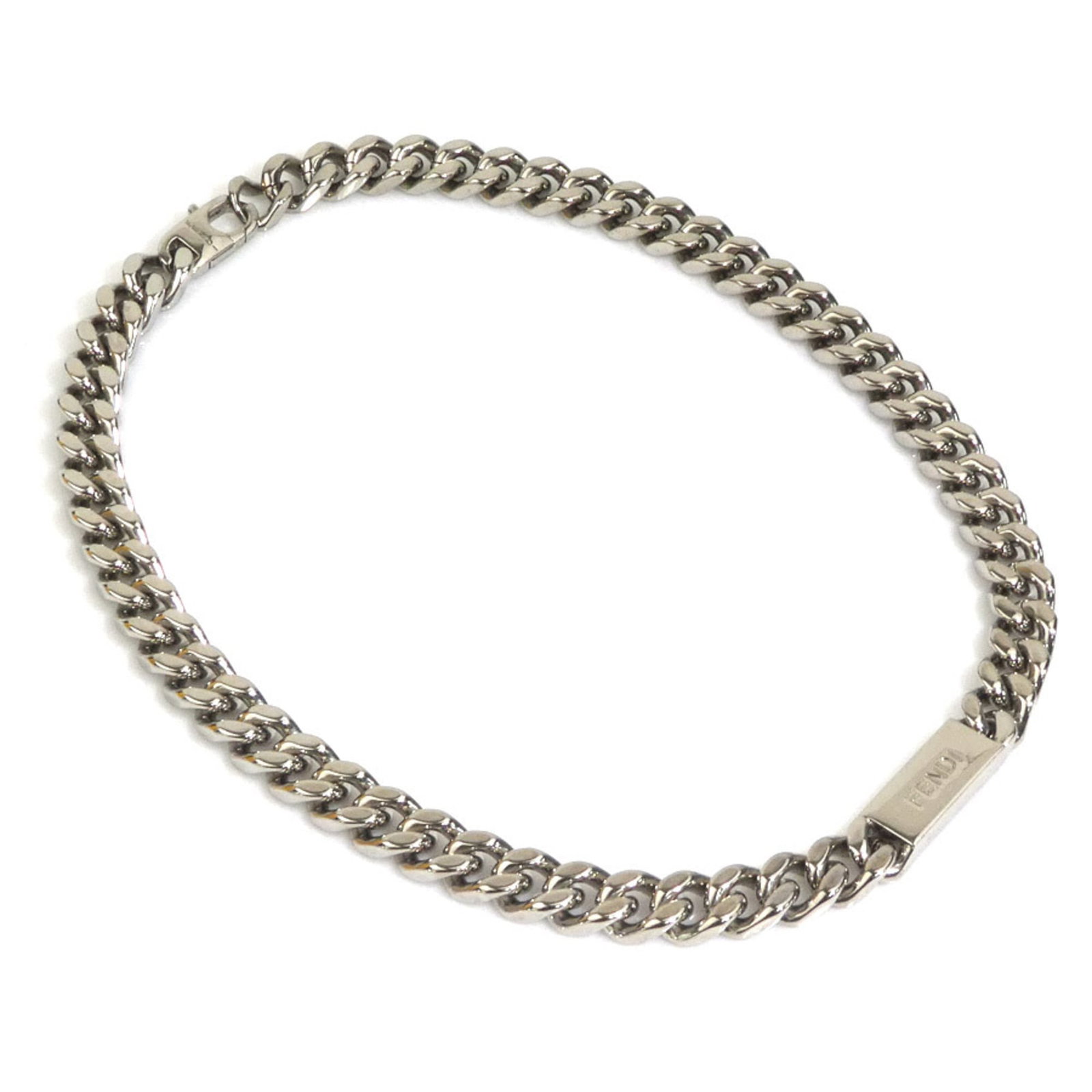FENDI Metal Silver: FENDI Metal Silver Fendi Metal Silver Necklace - A stylish and elegant accessory from the renowned Italian fashion house. This silver metal necklace features a 10mm x 25mm pendant and is adjustable to