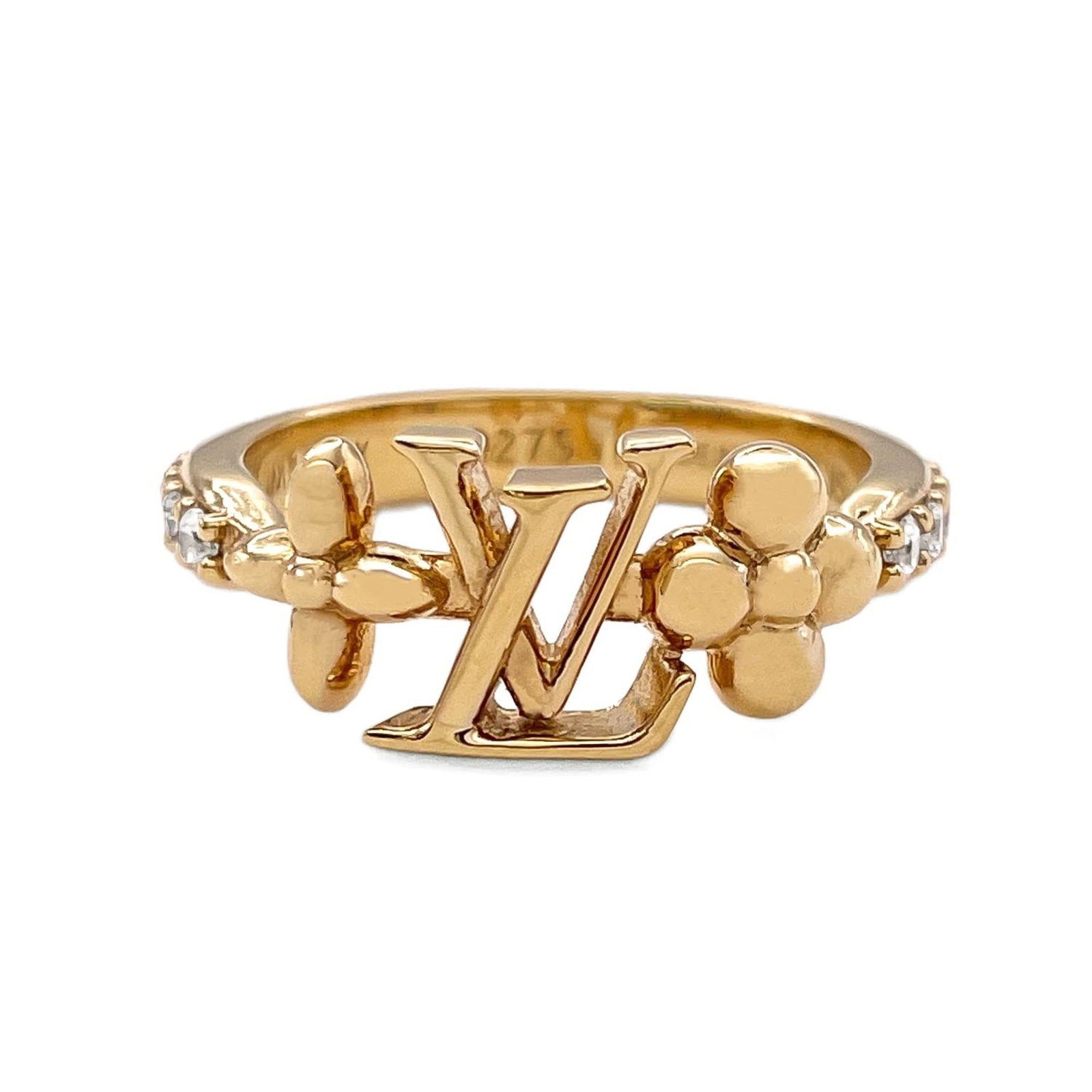 LOUIS VUITTON Band Ring Metal Rhinestone: LOUIS VUITTON Band Ring Metal Rhinestone Metal band ring from Louis Vuitton features a rhinestone design, adding a touch of glamour to any outfit. This gently used ring shows minor signs of wear,