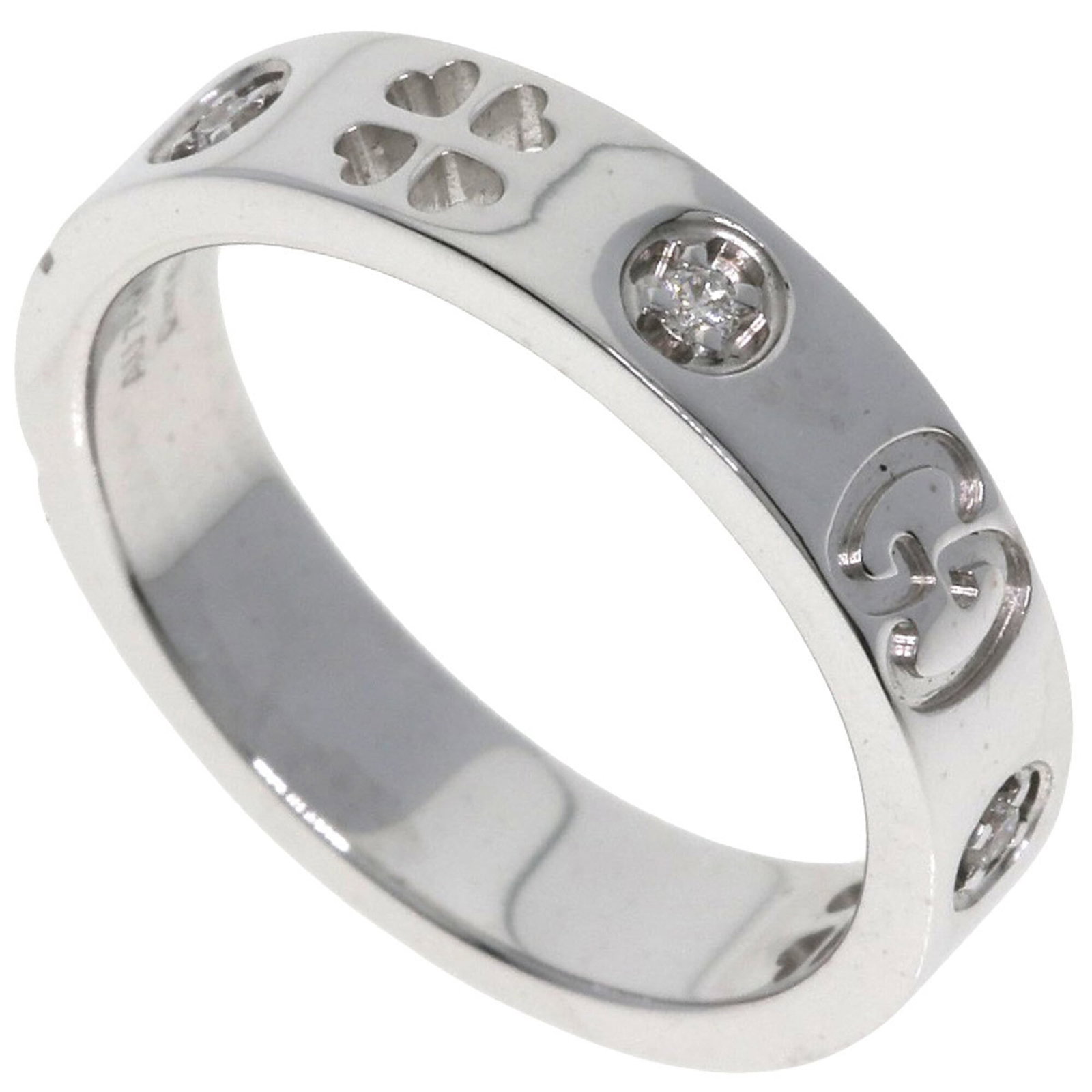 GUCCI Band Ring White Gold (18K): GUCCI Band Ring White Gold (18K) White gold (18K) band ring from Gucci, featuring a diamond stone. The ring is in very good condition, with minor signs of wear and small scratches or light marks prese