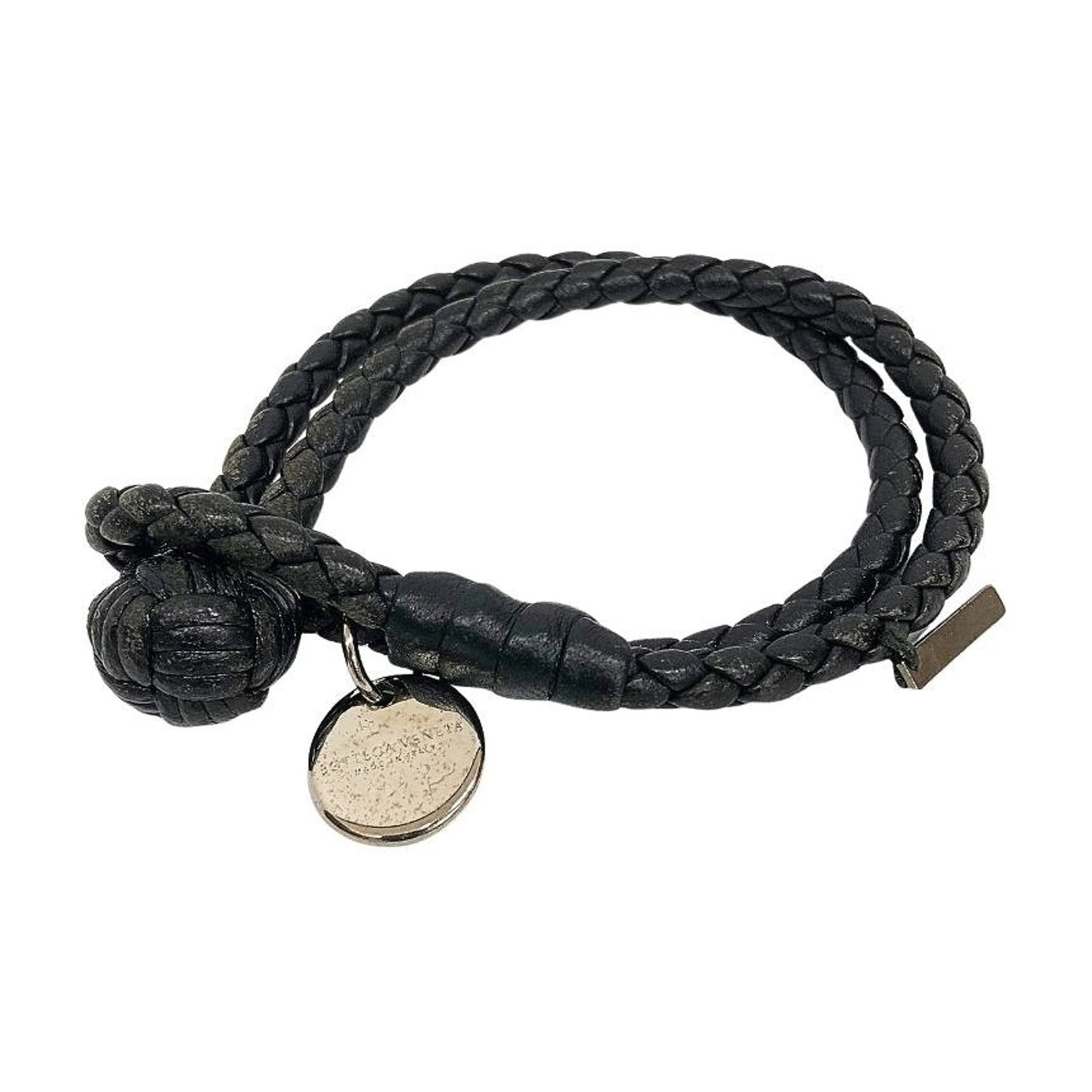 BOTTEGA VENETA Charm Bracelet Leather: BOTTEGA VENETA Charm Bracelet Leather Black leather charm bracelet from Bottega Veneta, featuring a 19cm length and minor signs of wear. The leather has small scratches and light marks, but remains