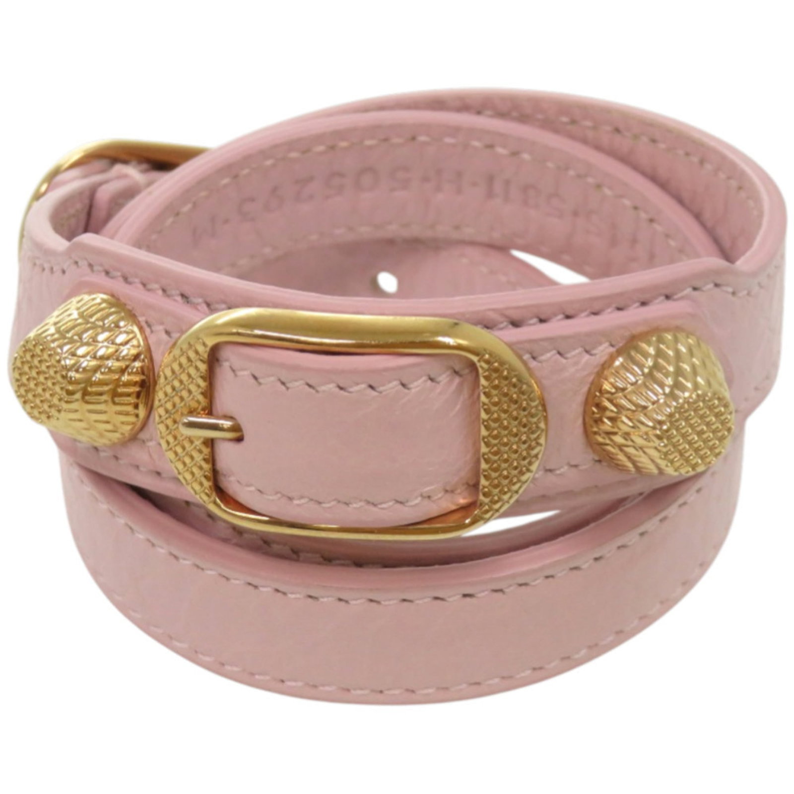 BALENCIAGA Charm Bracelet Leather: BALENCIAGA Charm Bracelet Leather The Balenciaga Charm Bracelet Leather is a gold and pink leather charm bracelet from Italy, measuring 57.5cm in length. This like-new used bracelet features leather m