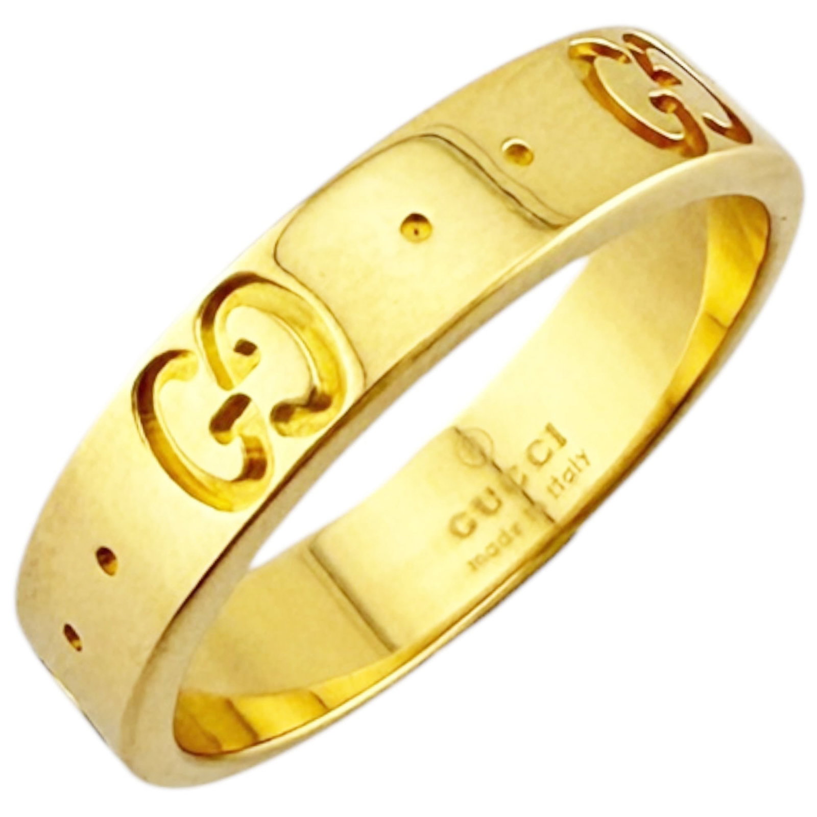 GUCCI Band Ring Yellow Gold (18K): GUCCI Band Ring Yellow Gold (18K) Yellow gold (18K) band ring from Gucci, Italy, with a 4.5 US size. This like new, used ring features the brand's signature style and boasts a subtle yellow gold hue.