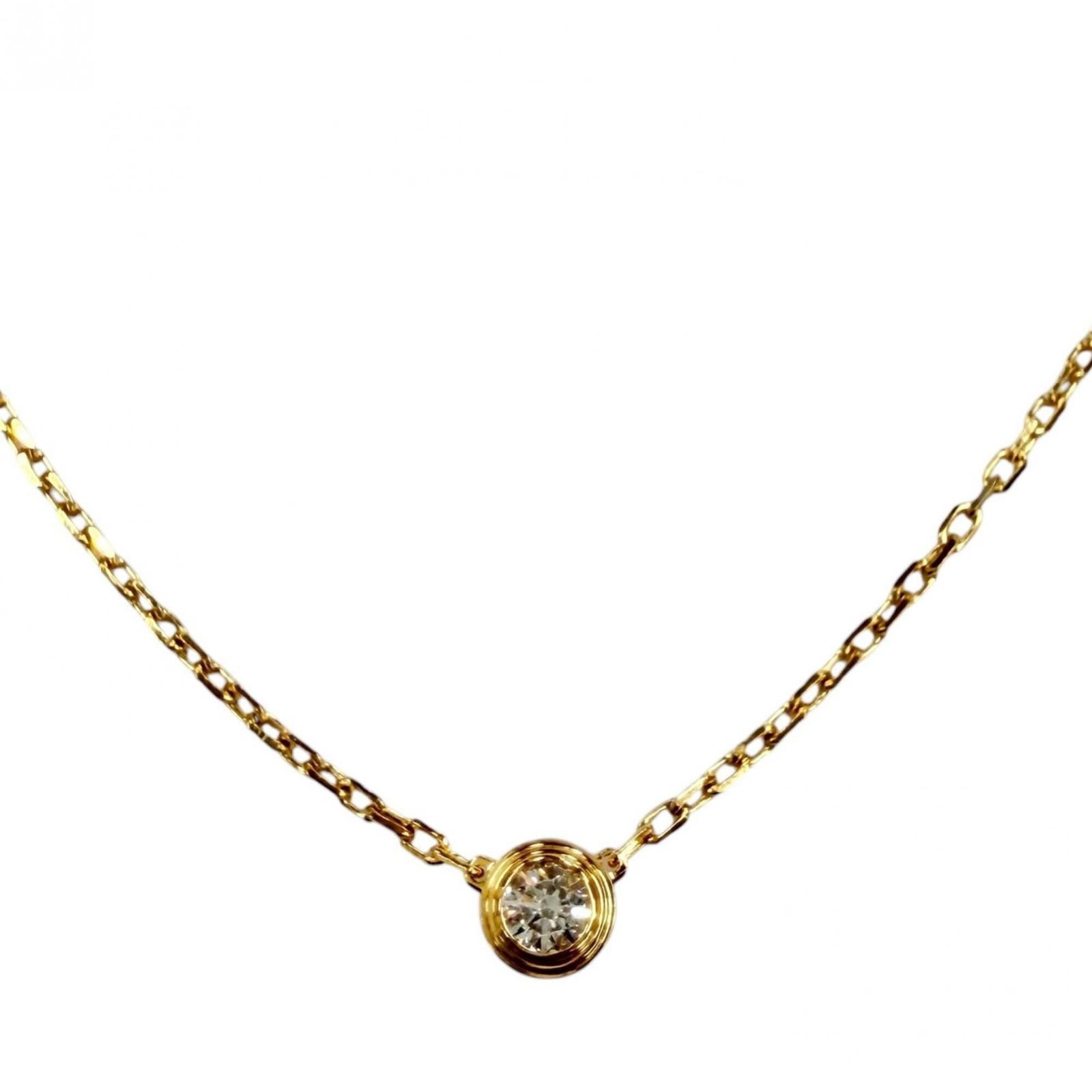 CARTIER Yellow Gold (18K): CARTIER Yellow Gold (18K) Cartier's iconic yellow gold necklace boasts a 4mm diamond pendant, suspended from a 37.5-41cm chain. The 18K yellow gold material shines with a subtle warmth, complemented