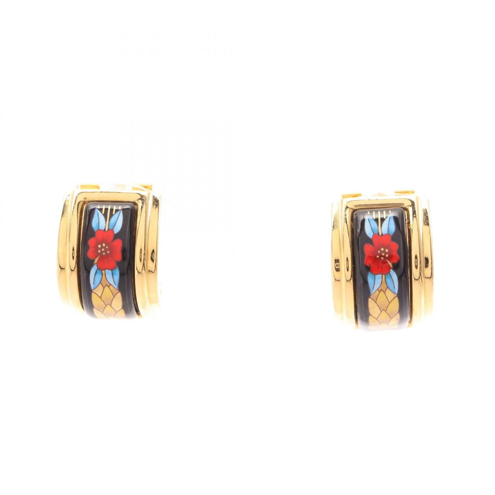 HERMES Clip Earrings Cloisonn/Enamel Gold Plating: HERMES Clip Earrings Cloisonn/Enamel Gold Plating Clip earrings with a unique cloisonn/enamel design in black, gold, and multi-color, finished in gold plating. The Hermes brand adds a touch of eleganc