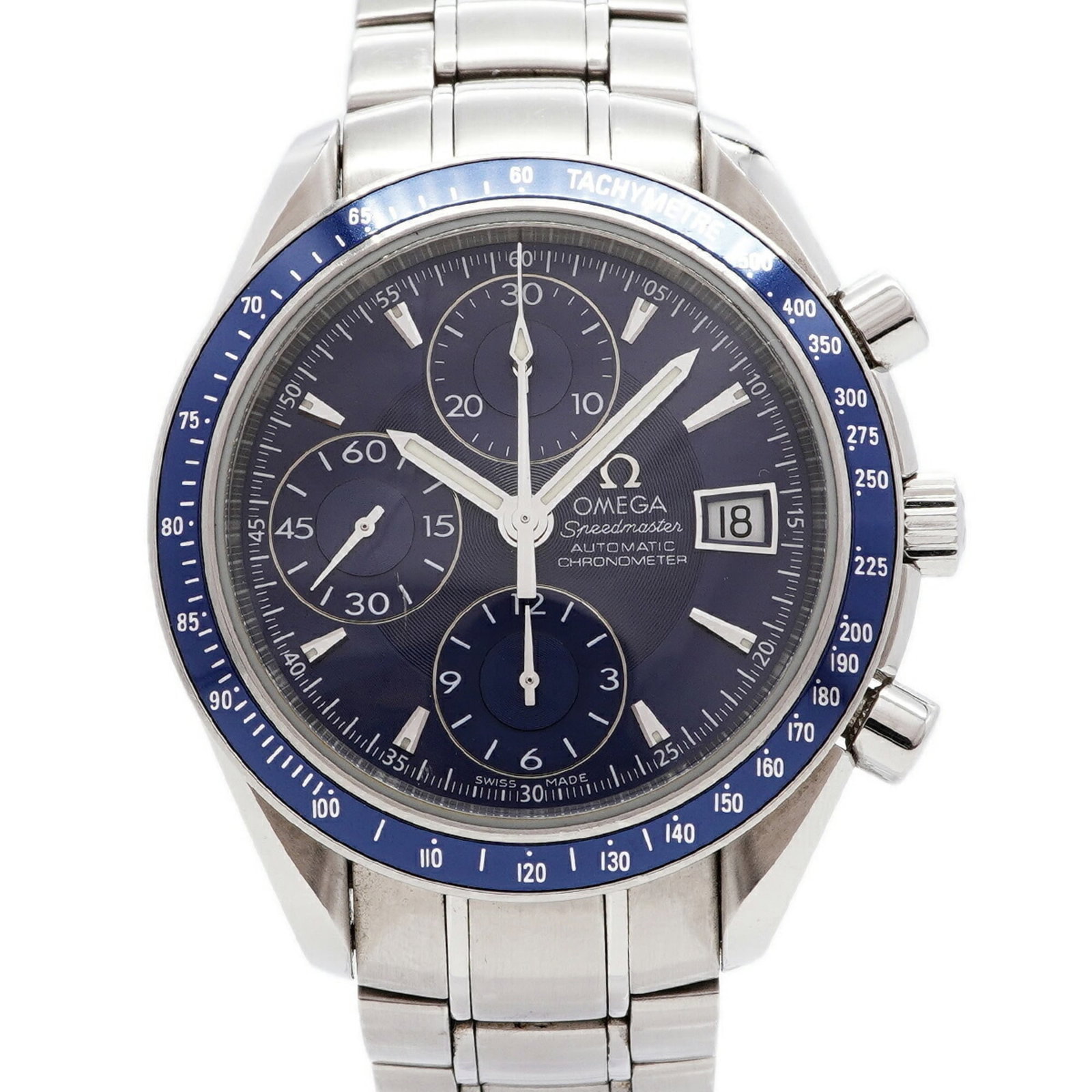 OMEGA Wristwatch Stainless Steel: OMEGA Wristwatch Stainless Steel Stainless steel band and blue dial make this Omega watch a stylish choice. With a 40mm case and self-winding movement, it's a functional timepiece that's been well-use