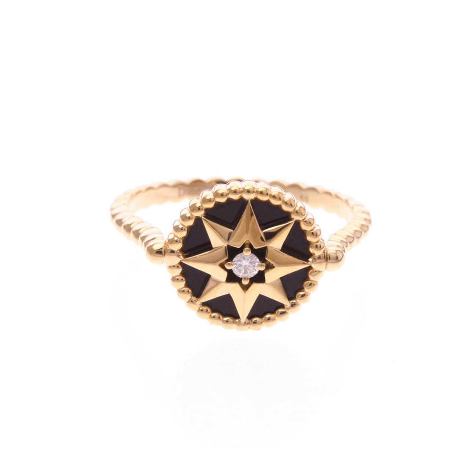 CHRISTIAN DIOR Band Ring Pink Gold (18K): CHRISTIAN DIOR Band Ring Pink Gold (18K) Pink gold (18K) band ring from Christian Dior's rose des vents collection, featuring a diamond and onyx stone set in a 2.1mm wide pink gold band. The ring bear