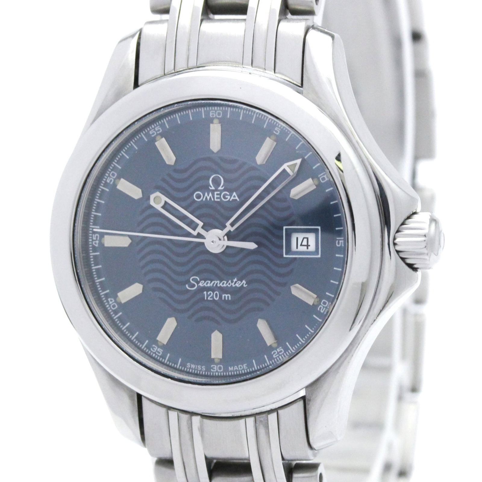 OMEGA Wristwatch Stainless Steel: OMEGA Wristwatch Stainless Steel Stainless steel case and band give this Omega Seamaster watch a sleek, sporty look. The blue dial is a striking feature, complemented by the quartz movement and date f