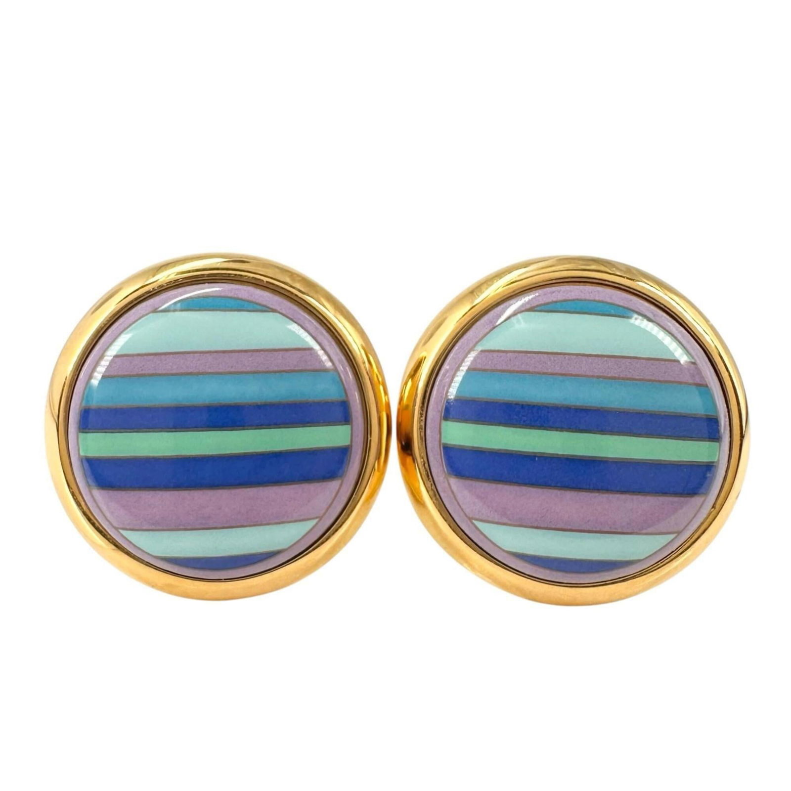 HERMES Clip Earrings Gold Plating: HERMES Clip Earrings Gold Plating Gold plating on the iconic Hermes Clip Earrings adds a touch of luxury to any outfit. The delicate design and vibrant blue, green, and purple hues make for a