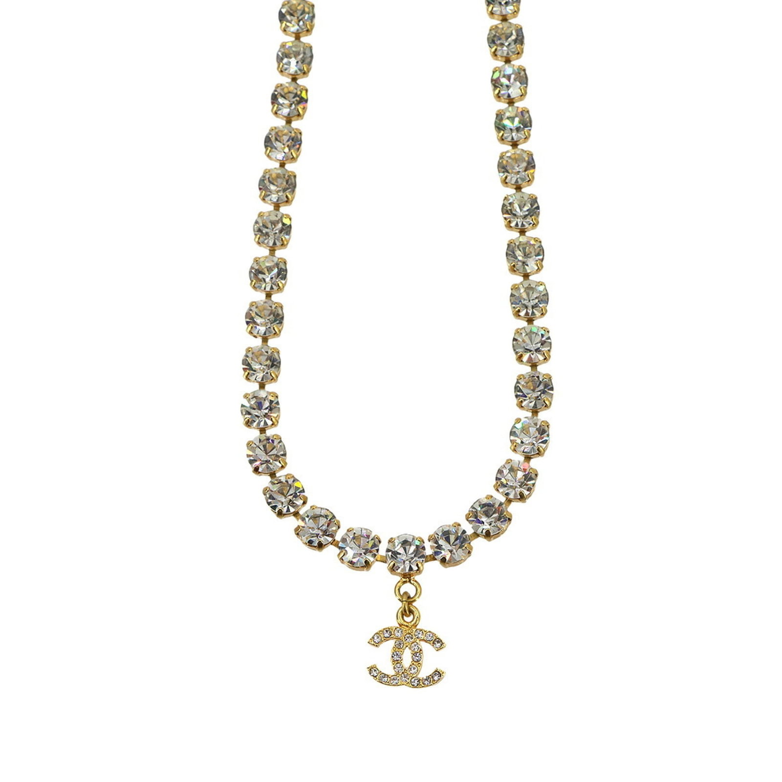 CHANEL Gold Necklace: CHANEL Gold Necklace Gold Necklace from CHANEL, featuring a 12mm x 15mm pendant, 38 cm / 14.96'' adjustable neck circumference, and a gold finish. This like-new used necklace boasts excellent conditio