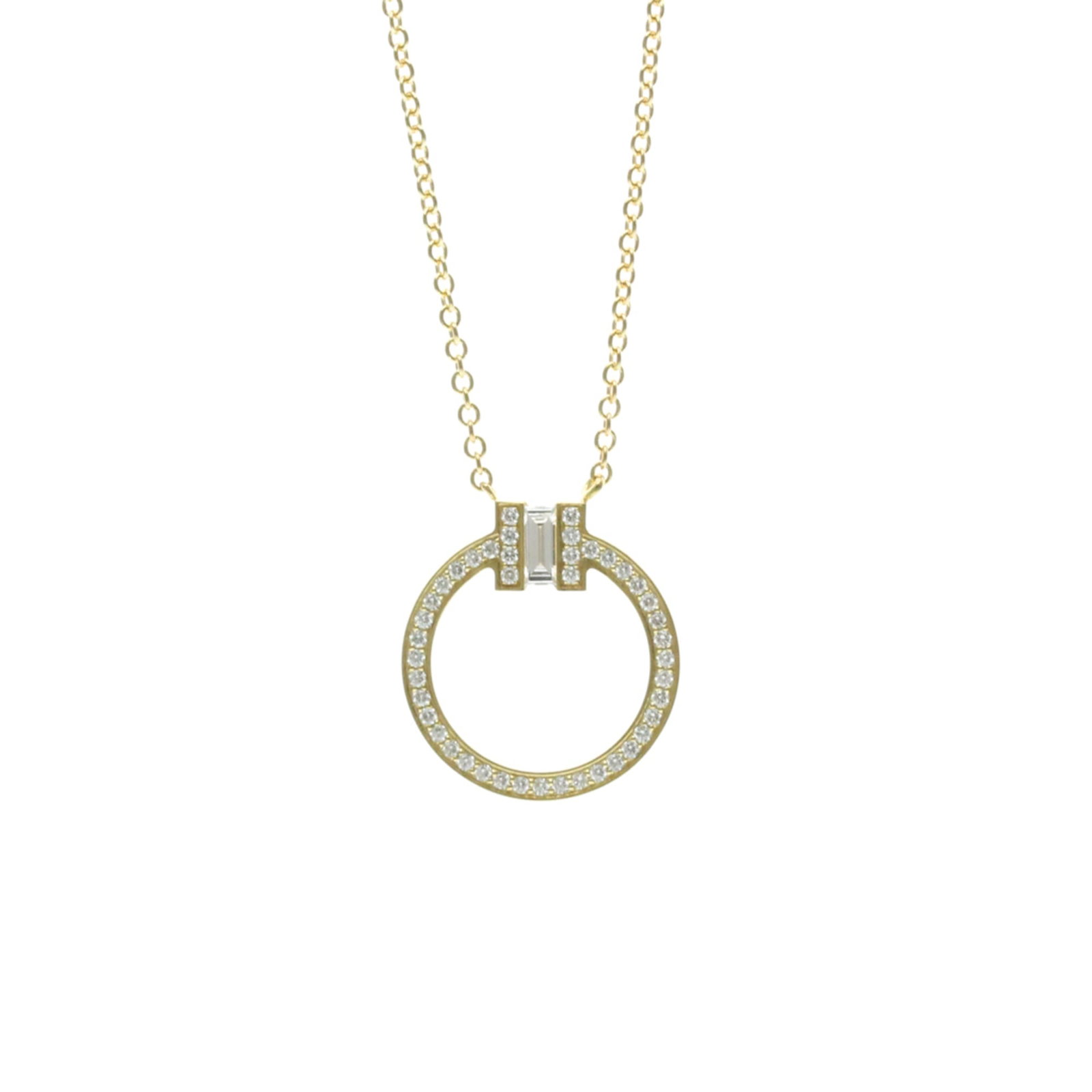 TIFFANY Yellow Gold (18K): TIFFANY Yellow Gold (18K) Yellow gold (18K) Tiffany T Circle Diamond Necklace. This 18K yellow gold pendant necklace features a 3.4g diamond, measuring 16mm x 14mm, suspended from a 46 cm chain.