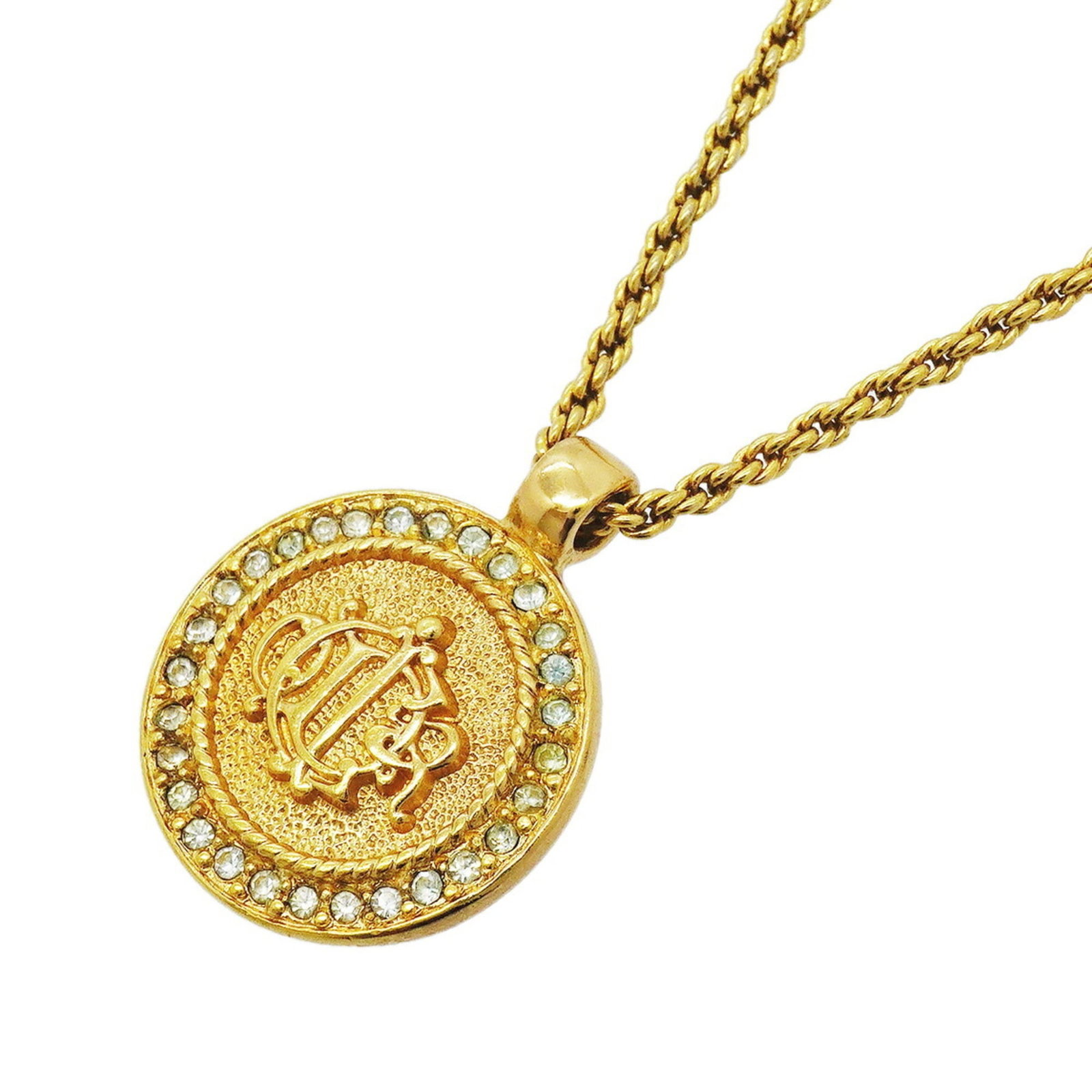 CHRISTIAN DIOR Gold Plating Rhinestone: CHRISTIAN DIOR Gold Plating Rhinestone Gold plating and rhinestones come together in this elegant Christian Dior necklace, featuring a 28mm x 22.6mm gold plated pendant with a gold finish. The necklac