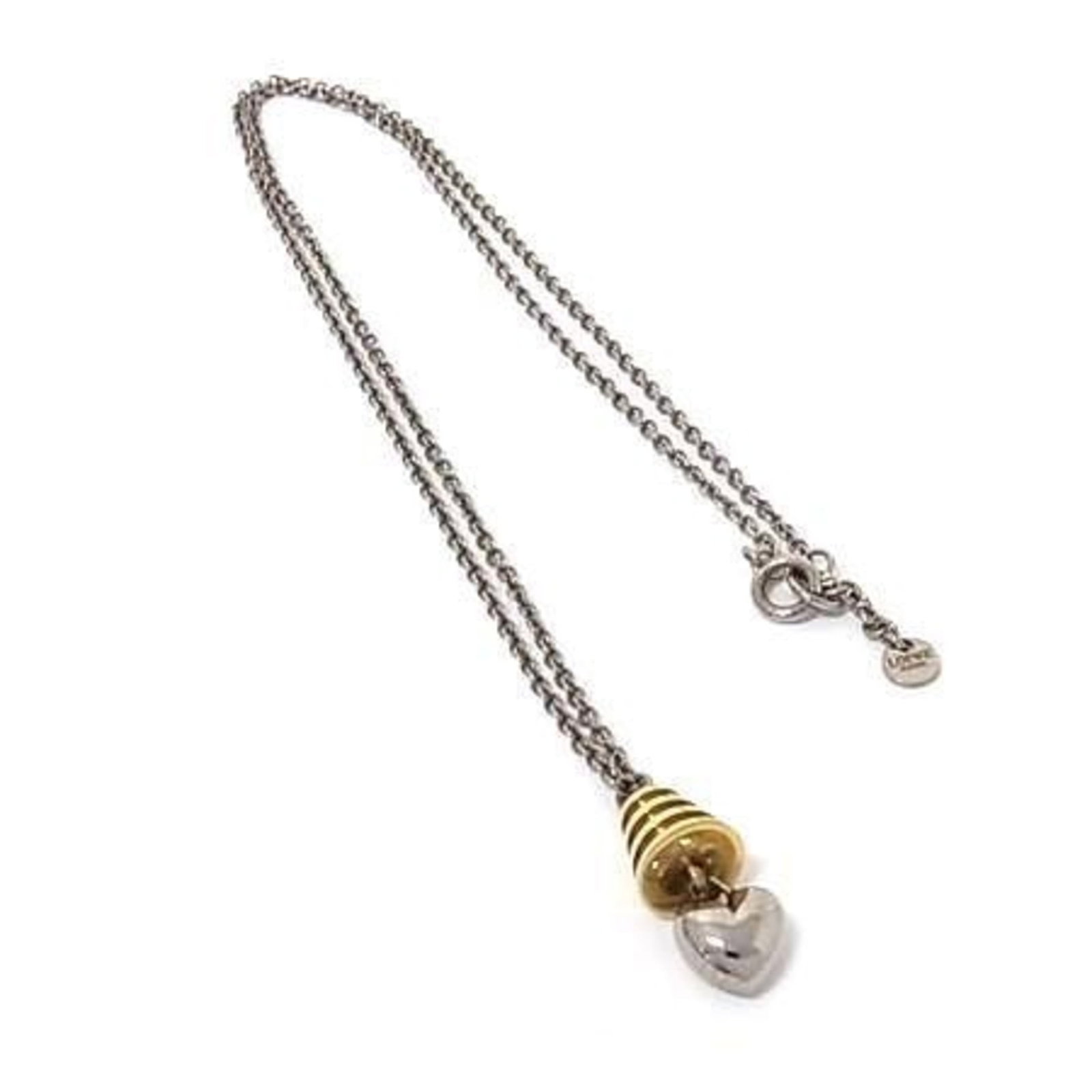 LOEWE Metal Gold Silver: LOEWE Metal Gold Silver Gold and Silver Metal Necklace by Loewe. This 64 cm / 25.19'' necklace features a 30mm x 12mm pendant made of metal, with visible scratches, scuffs, and dirt. The necklace is