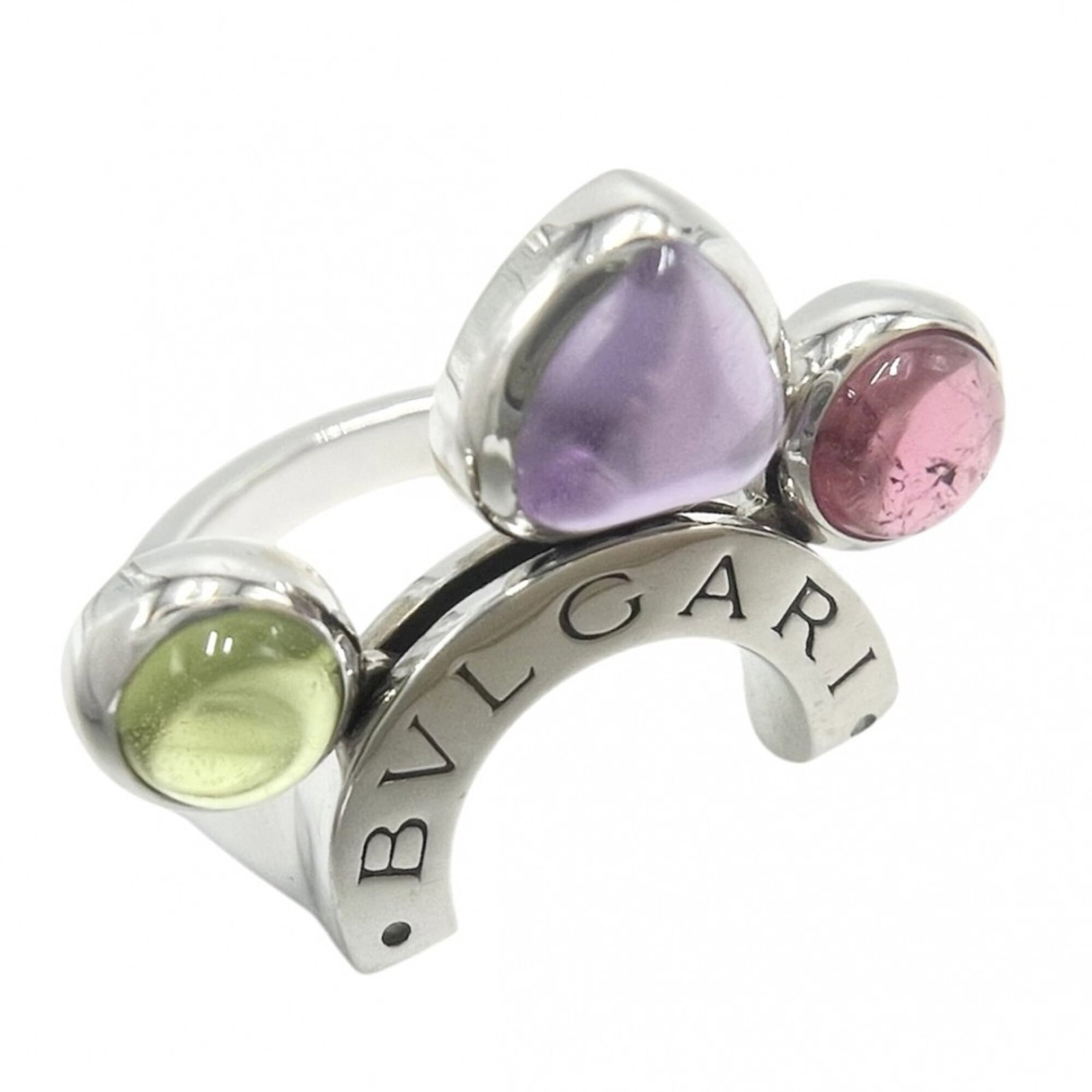 BVLGARI Band Ring Multi-Color: BVLGARI Band Ring Multi-Color Bvlgari Band Ring Multi-Color features a unique multi-color design with amethyst, peridot, and tourmaline stones set in 18K white gold. The ring's 16.00mm inner diameter 