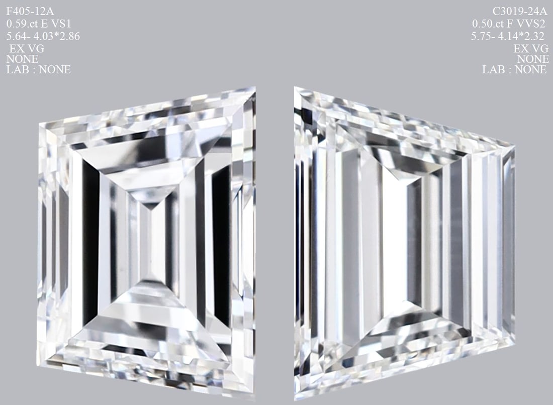 Trapezoid 0.5ct F VVS2 - Loose Natural Diamond: Trapezoid 0.5ct F VVS2 - Loose Natural Diamond 0.5ct F VVS2 - Loose Natural Diamond. This natural diamond boasts a color grade of F and clarity grade of VVS2, with excellent polish and symmetry. Its