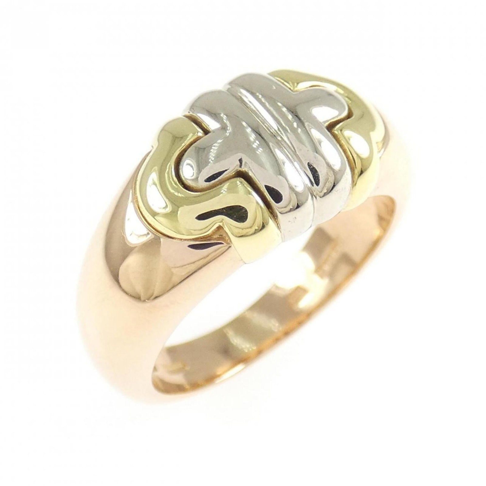 BVLGARI Band Ring Pink Gold (18K) White Gold (18K) Yellow Gold (18K): BVLGARI Band Ring Pink Gold (18K) White Gold (18K) Yellow Gold (18K) Pink gold, white gold, and yellow gold come together in this elegant BVLGARI band ring, offering a touch of luxury to any outfit. T