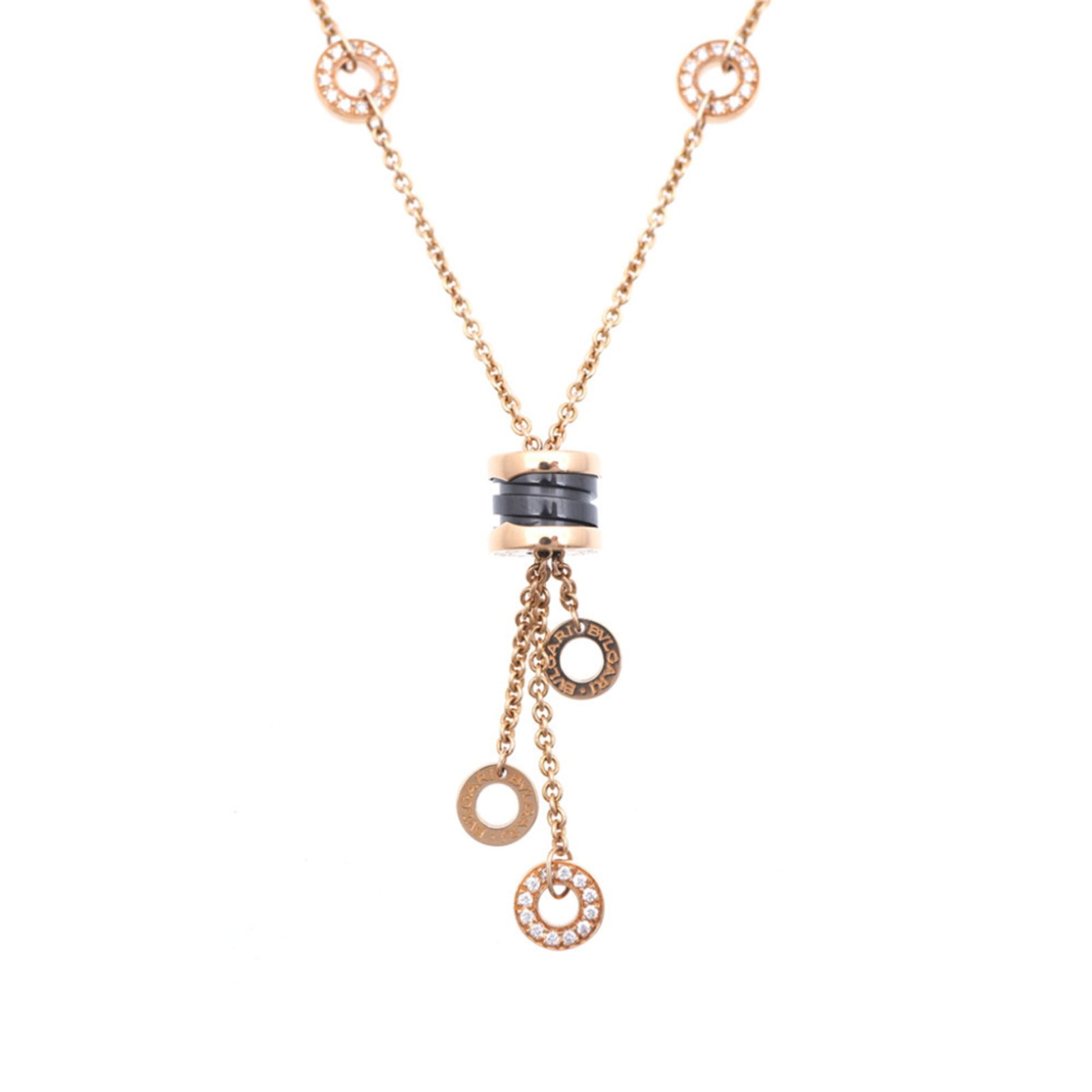 BVLGARI Ceramic Pink Gold (18K): BVLGARI Ceramic Pink Gold (18K) Bvlgari's Ceramic Pink Gold (18K) necklace boasts a striking combination of black and pink gold hues, crafted from high-quality ceramic and 18K gold. This beautiful