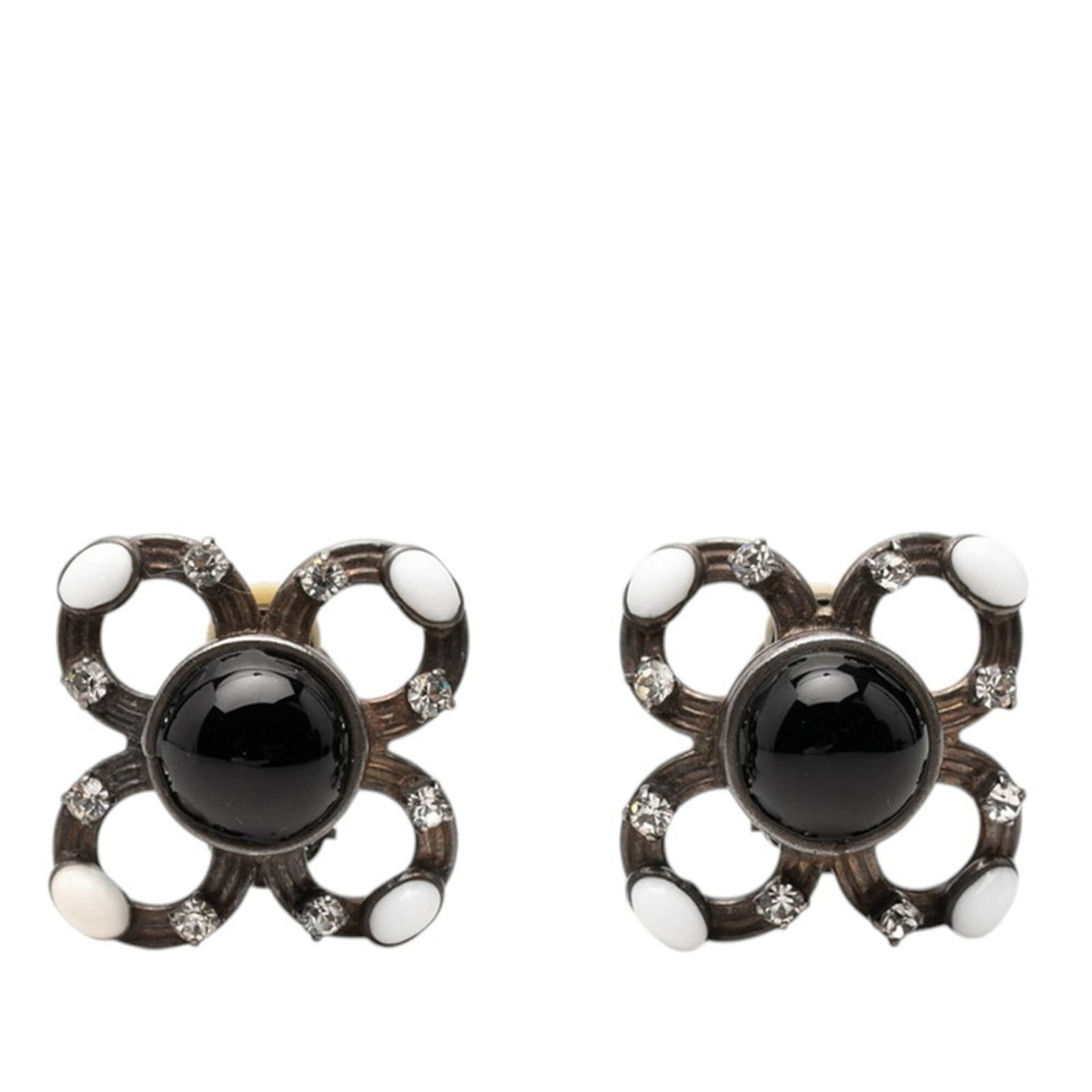CHANEL Clip Earrings Metal: CHANEL Clip Earrings Metal Black and silver Chanel clip earrings featuring rhinestones, with a 27.40mm x 27.40mm size and a metal construction. The earrings are in good condition, showing visible