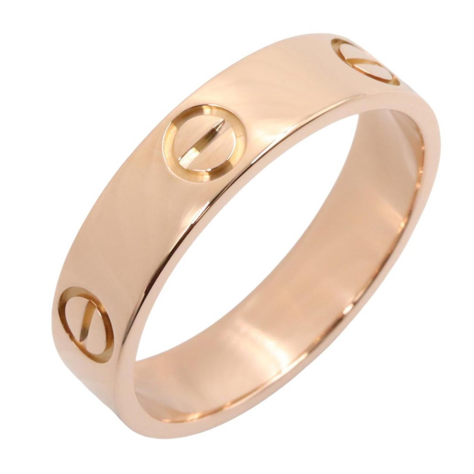 CARTIER Band Ring Pink: CARTIER Band Ring Pink Pink gold 18K band ring from Cartier's Love line, featuring a delicate 0.5mm width and a 9.5 US size. This gently used ring shows minor signs of wear, with small scratches or