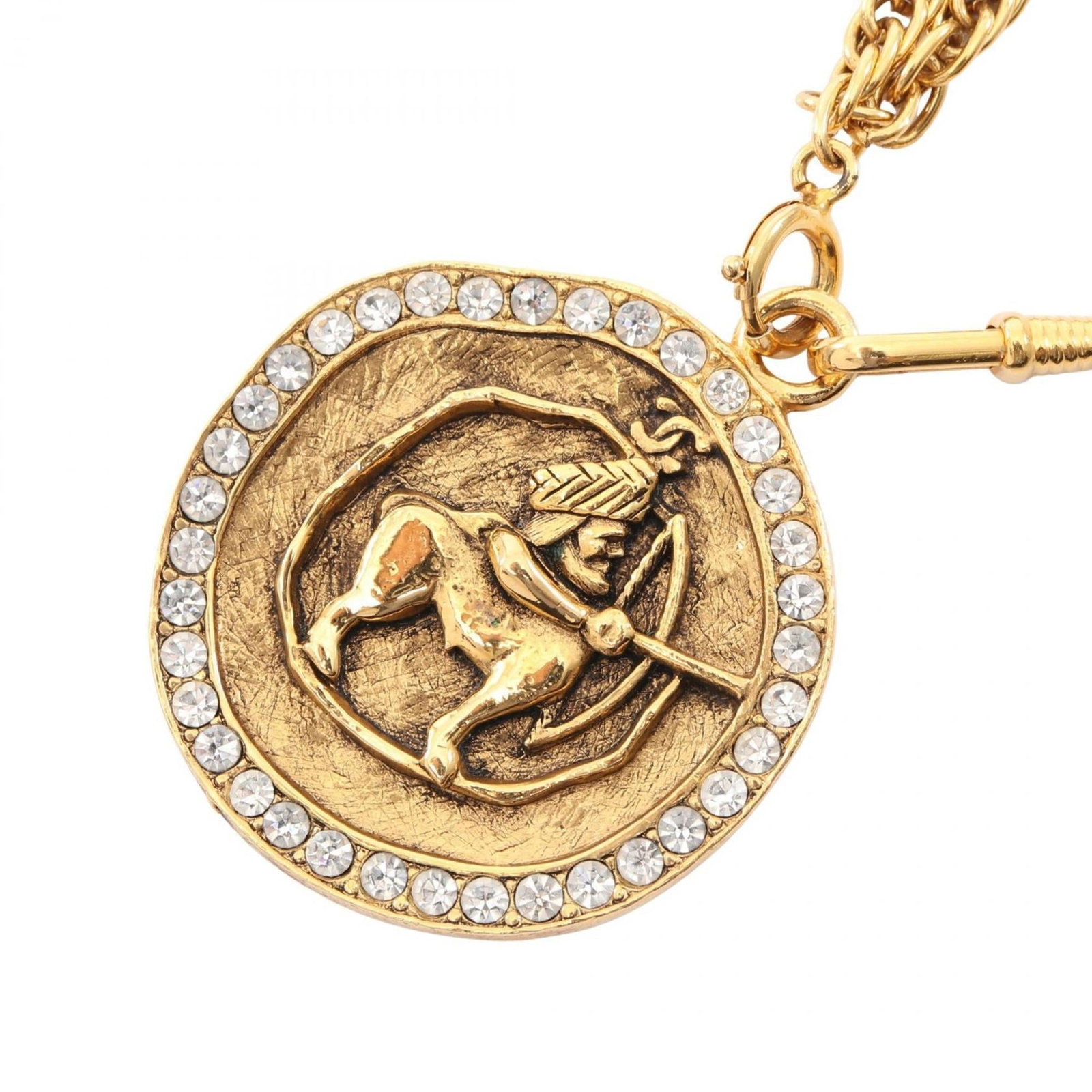 CHANEL Gold Plating Rhinestone: CHANEL Gold Plating Rhinestone Gold plating and clear rhinestones add a touch of luxury to this Chanel necklace, featuring a 42mm x 42mm pendant. The necklace is made from gold plating and has a 86cm
