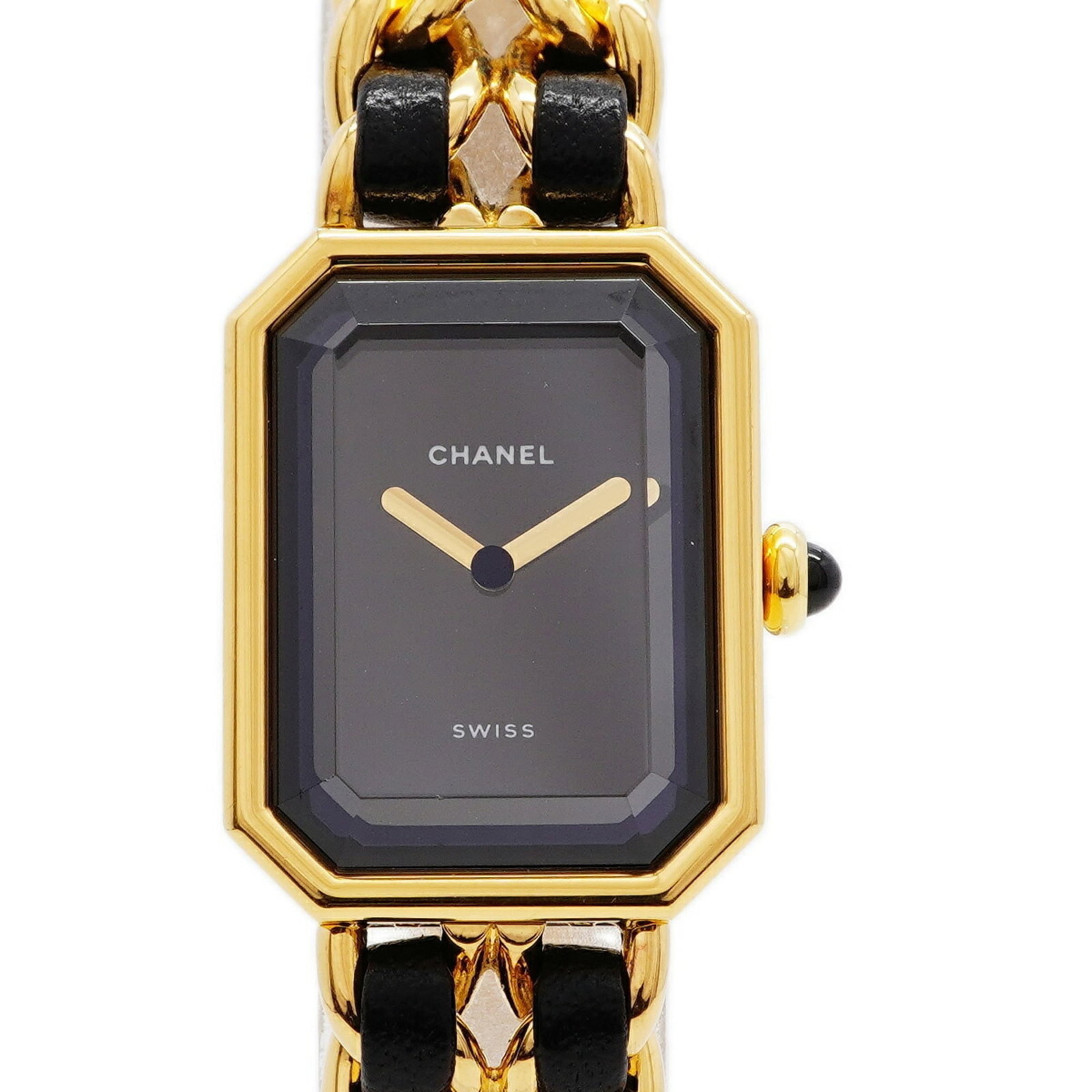 CHANEL Wristwatch Gold Plated Leather: CHANEL Wristwatch Gold Plated Leather Gold plated leather strap wraps around a sleek black dial, complemented by a 20.3mm case. This Chanel MPN H0001 wristwatch features a quartz movement and is made 