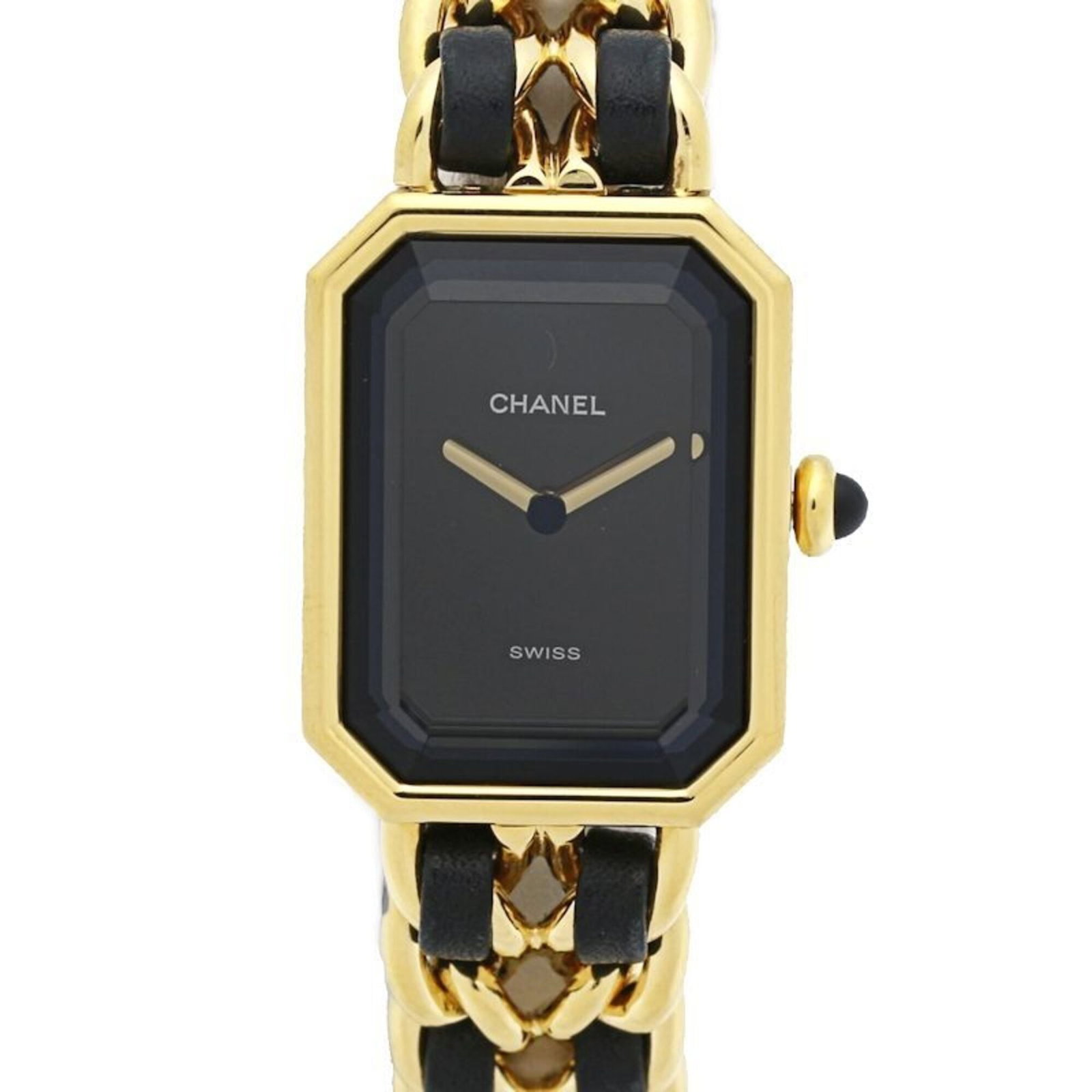 CHANEL Wristwatch Gold Plated: CHANEL Wristwatch Gold Plated Gold plated on both the case and band, this CHANEL wristwatch boasts a sleek black dial. Made in France, the 20mm case diameter and 13.5cm strap length make it a