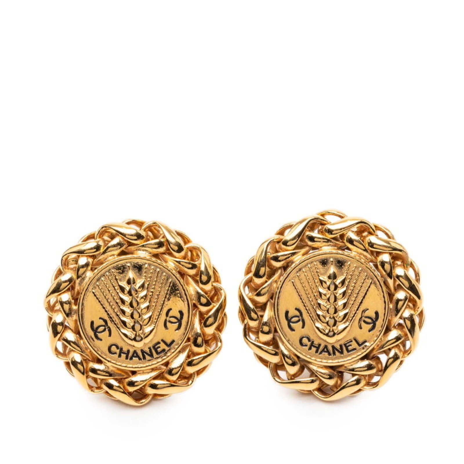 CHANEL Clip Earrings Gold: CHANEL Clip Earrings Gold Gold Clip Earrings by CHANEL, featuring a classic design with a subtle clip-on closure, measuring 35.20mm x 35.20mm. The item bears visible signs of wear, including scratches