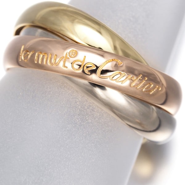 Cartier Ring Trinity 3Color Classic Eu49 18K 750 Yellow White Rose Gold: Cartier Ring Trinity 3Color Classic Eu49 18K 750 Yellow White Rose Gold Cartier's iconic Trinity 3Color Classic Eu49 ring showcases a harmonious blend of 18k yellow, white, and rose gold tones. This m