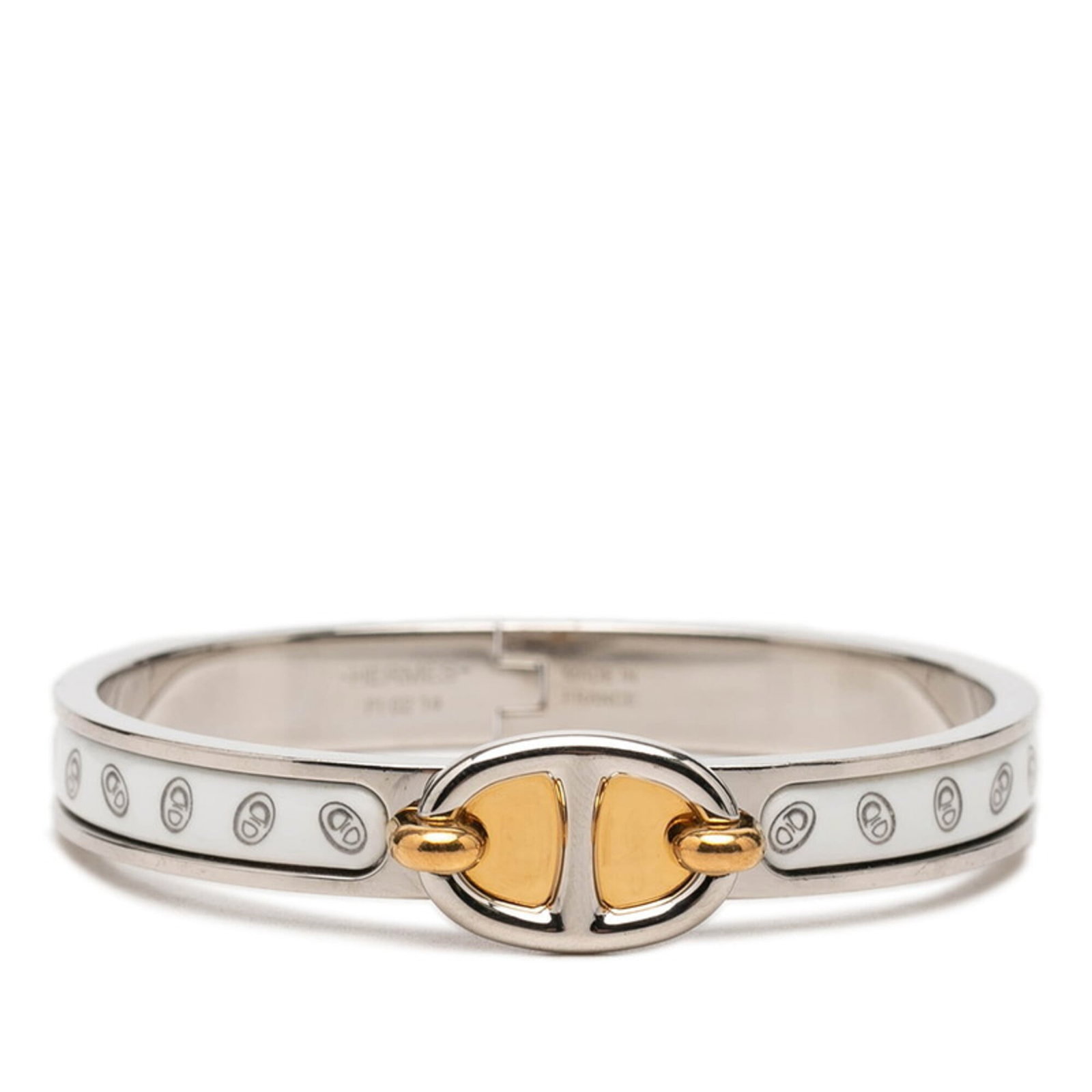 HERMES Charm Bracelet Enamel Gold Plating Metal: HERMES Charm Bracelet Enamel Gold Plating Metal Enamel gold plating metal charms adorn this classic Hermes charm bracelet, adding a touch of luxury to any outfit. With its gold, silver, and white hues