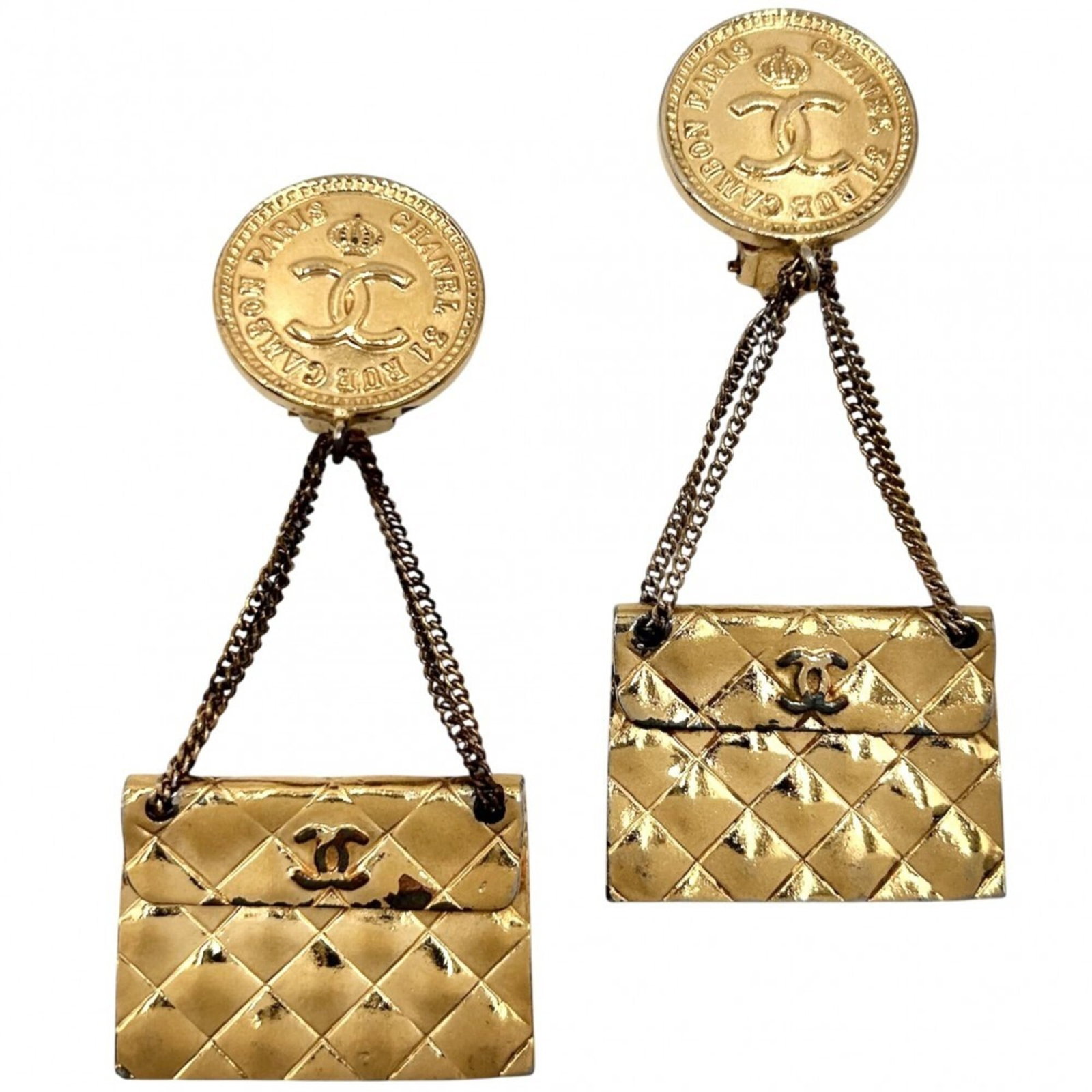 CHANEL Stud Earrings Gold Plating: CHANEL Stud Earrings Gold Plating Gold plating adds a touch of luxury to these CHANEL stud earrings, featuring a sleek and sophisticated design. With visible scratches and scuffs, these earrings