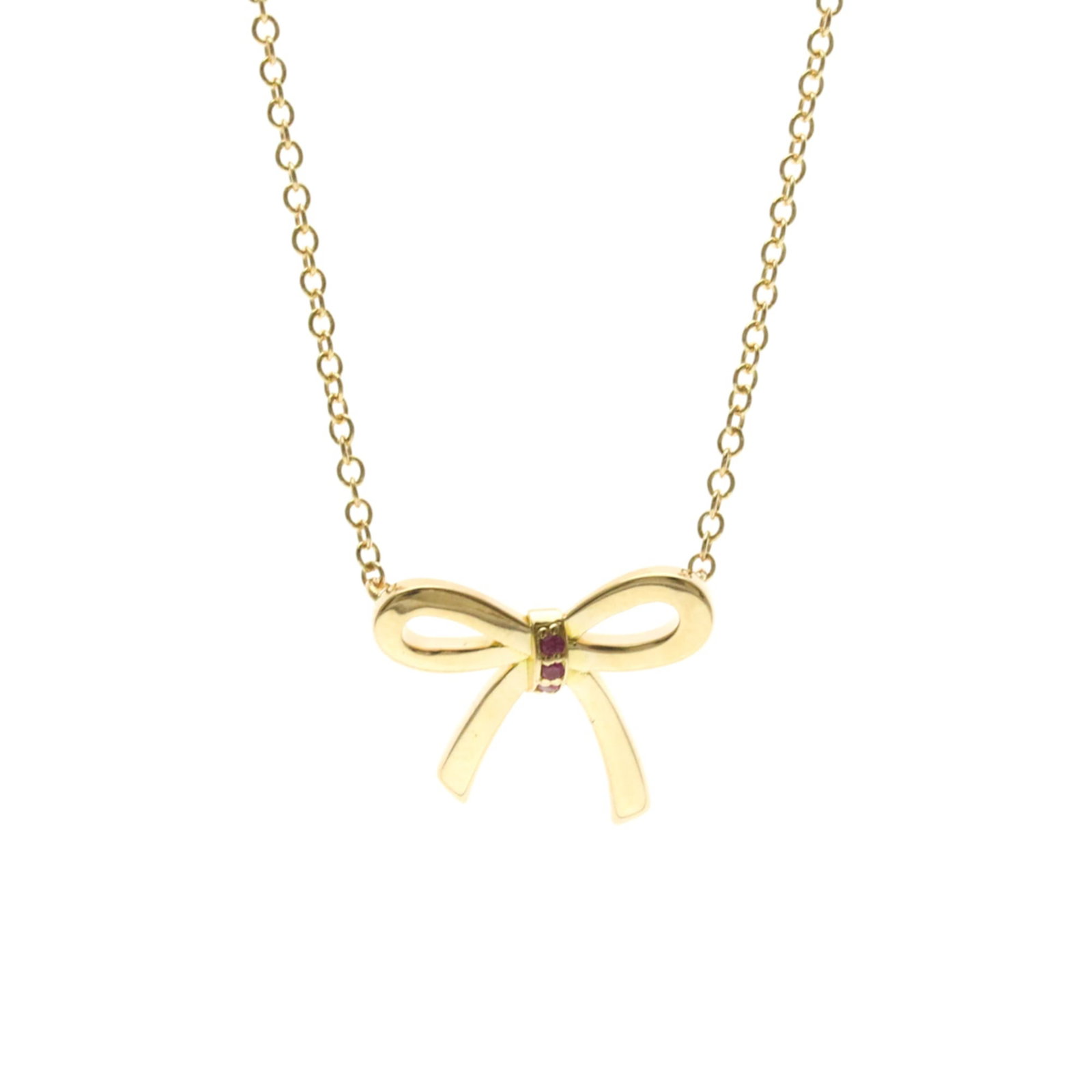TIFFANY Pink Gold (18K): TIFFANY Pink Gold (18K) Pink gold (18K) Tiffany model bow pendant necklace featuring a 13mm x 14.5mm sapphire stone, gently used with minor signs of wear. The necklace boasts a classic Tiffany style