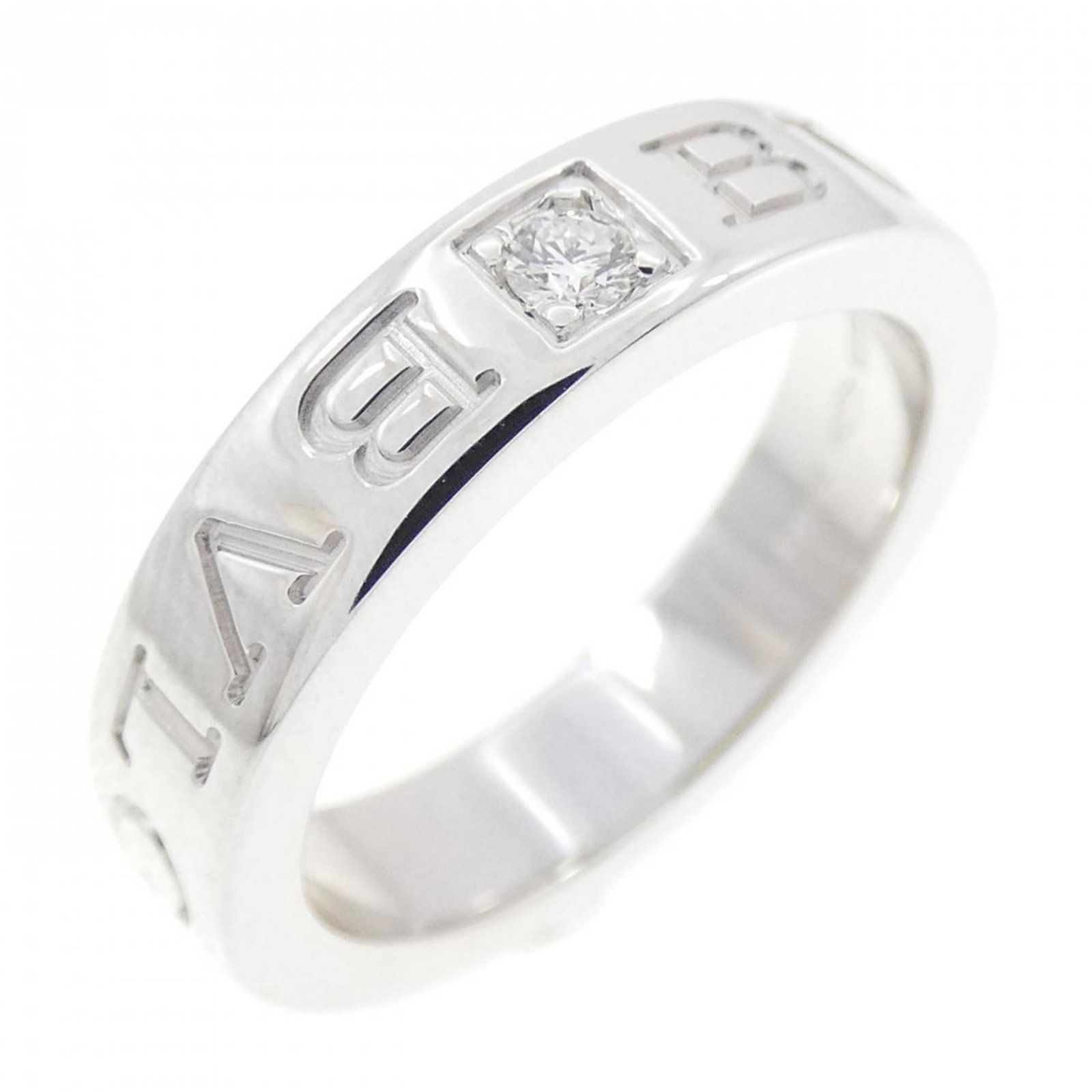BVLGARI Band Ring White Gold (18K): BVLGARI Band Ring White Gold (18K) BVLGARI Band Ring White Gold (18K) is a beautiful, gently used band ring featuring white gold (18K) and a diamond stone. The ring is in very good condition, with min