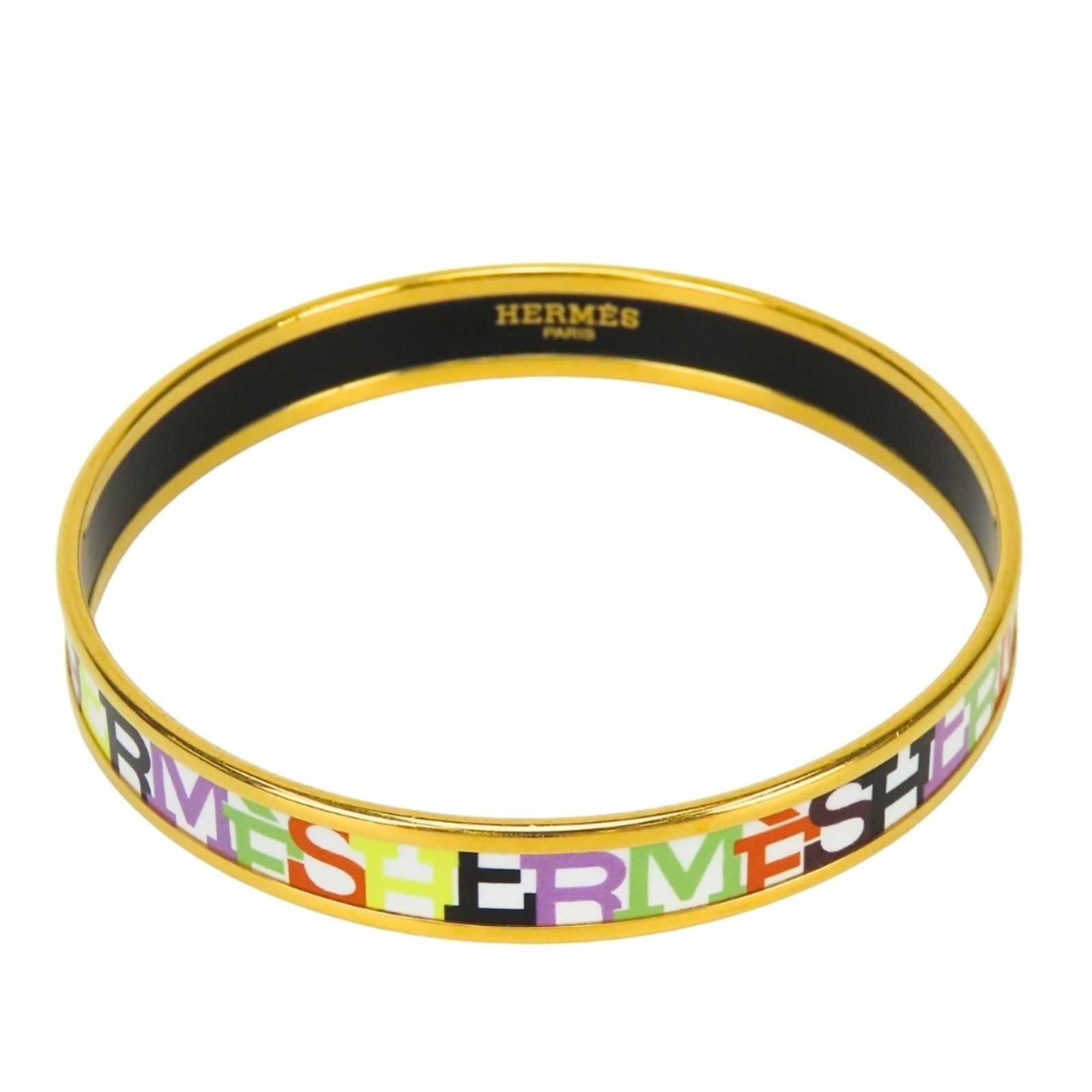 HERMES Bangle Cloisonn/Enamel Metal: HERMES Bangle Cloisonn/Enamel Metal This vibrant Hermes bangle boasts a striking multi-color design, set against a crisp white background, all crafted from cloisonn/enamel and metal. Measuring 21cm in