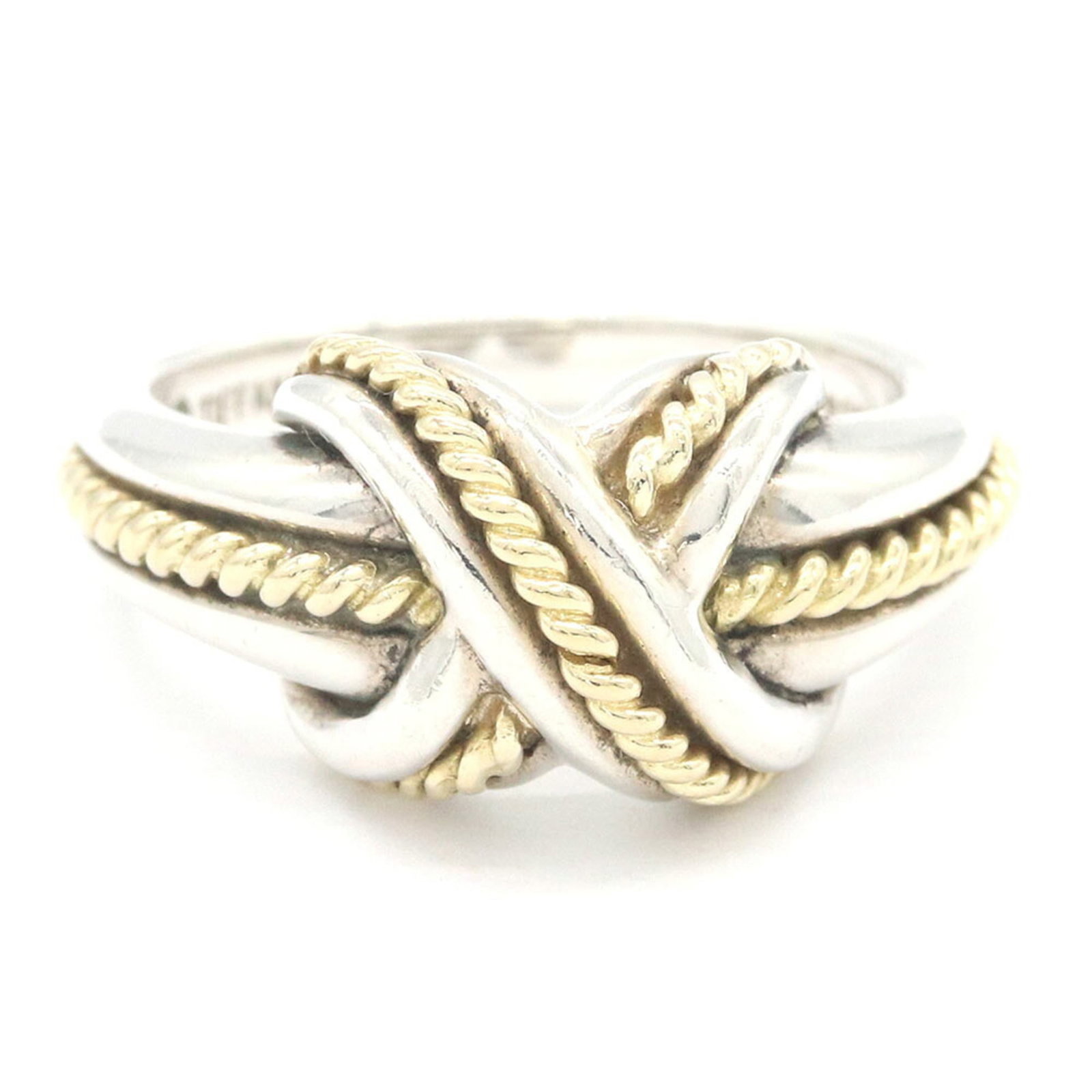 TIFFANY Band Ring Sterling Silver 925 Yellow Gold (18K): TIFFANY Band Ring Sterling Silver 925 Yellow Gold (18K) Sterling silver 925 and 18K yellow gold band ring from Tiffany, featuring a classic design. This used ring shows visible signs of wear, includin