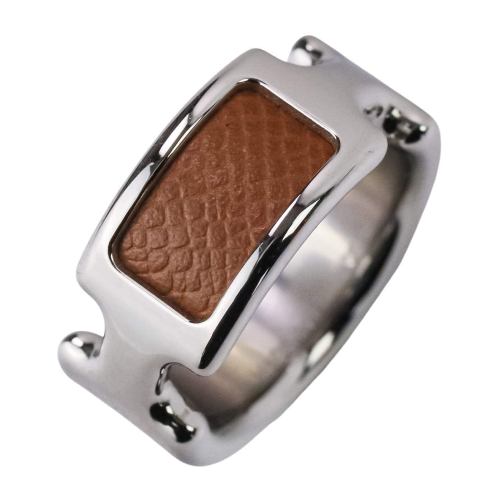 HERMES Band Ring Leather Metal: HERMES Band Ring Leather Metal Brown and Silver Band Ring from Hermes, made from high-quality Leather and Metal, with a classic design that exudes elegance and sophistication. This Like New Used band 