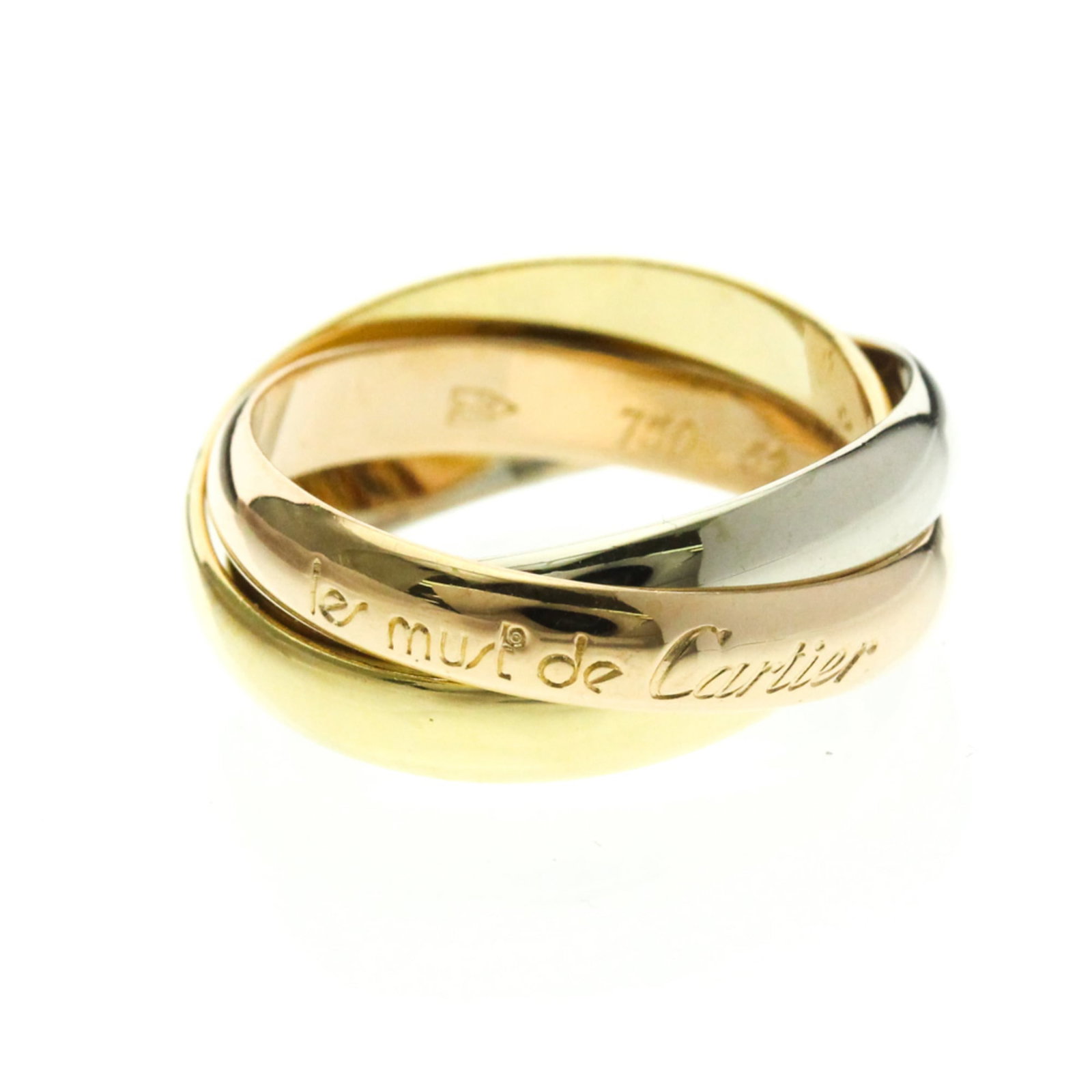 CARTIER Band Ring Pink Gold (18K) White Gold (18K) Yellow Gold (18K): CARTIER Band Ring Pink Gold (18K) White Gold (18K) Yellow Gold (18K) Pink gold, white gold, and yellow gold come together in this elegant Cartier band ring, expertly crafted in 18K purity. The 52 US s