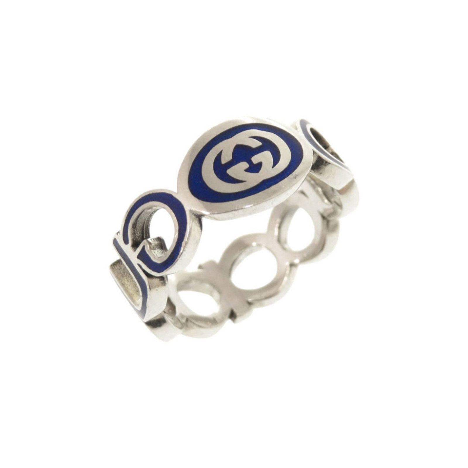 GUCCI Band Ring Silver 925: GUCCI Band Ring Silver 925 Silver 925 band ring from Gucci, crafted in Italy, features a blue hue and a silver finish. The ring bears visible scratches and scuffs, indicating its used condition, but