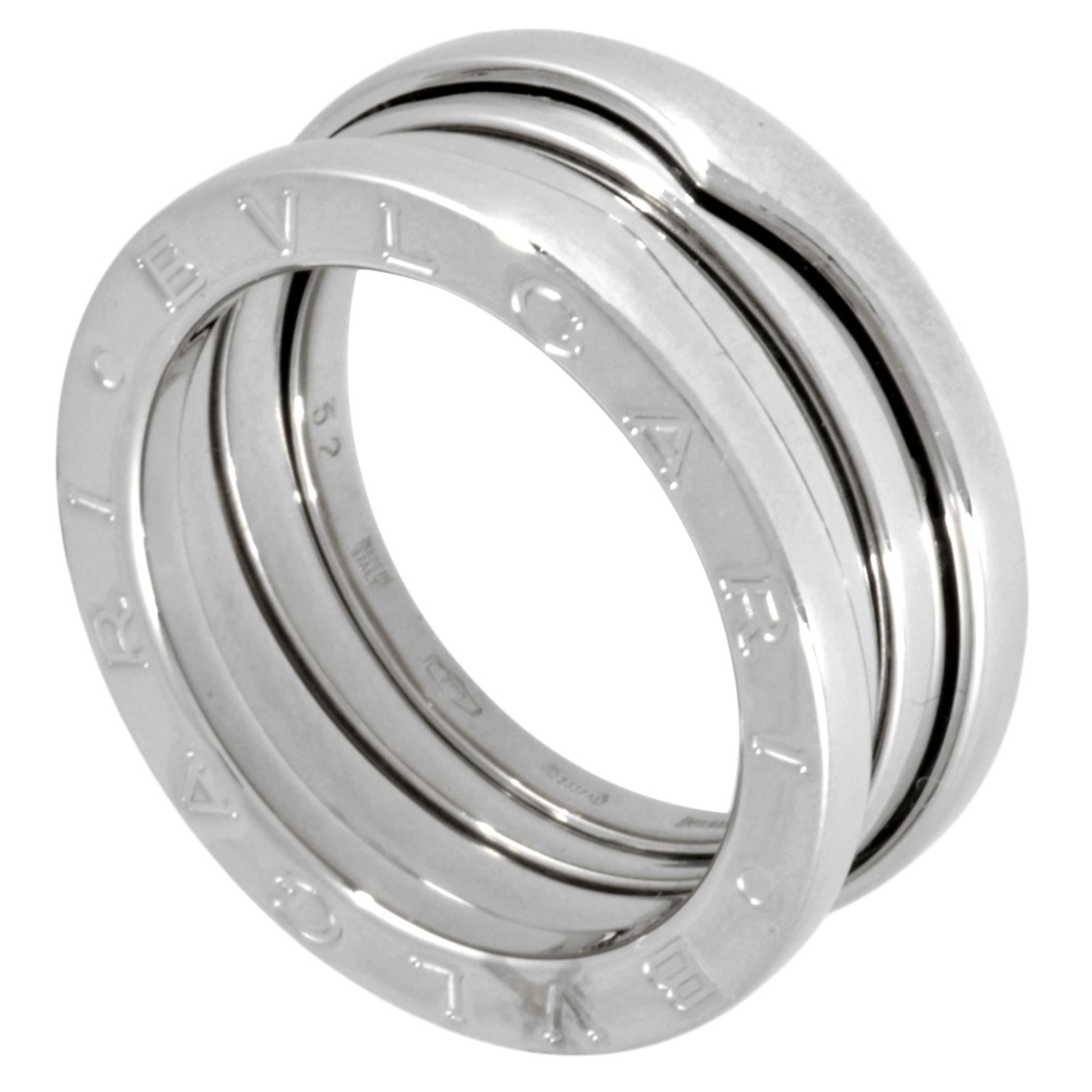 BVLGARI Band Ring White Gold (18K): BVLGARI Band Ring White Gold (18K) White gold (18K) BVLGARI Band Ring in excellent condition, featuring the iconic BVLGARI brand. This 52 US Size 6.5 ring boasts a refined design with the subtle