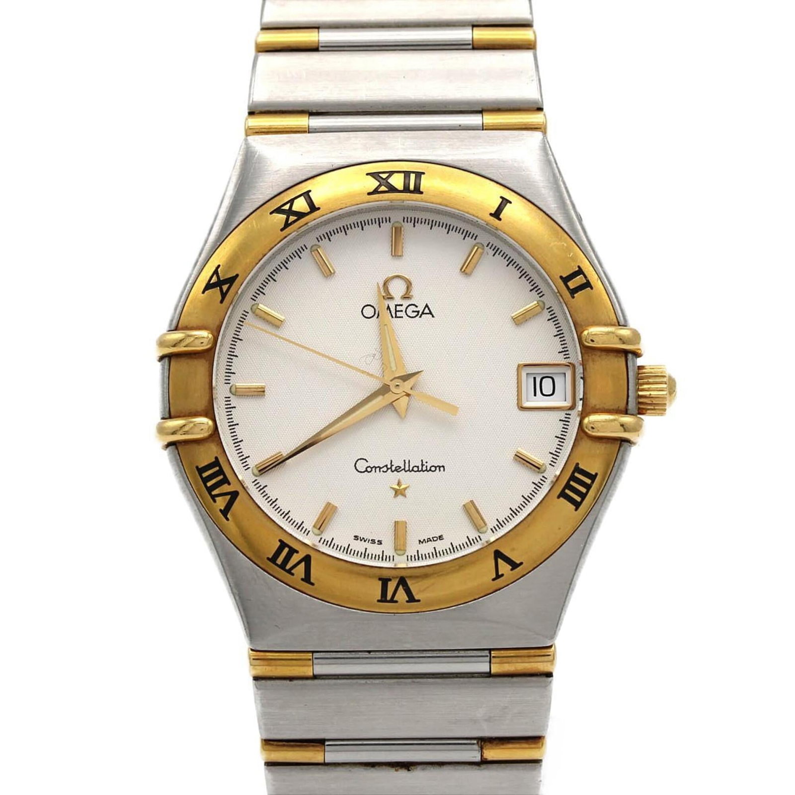 OMEGA Wristwatch Stainless Steel Yellow Gold: OMEGA Wristwatch Stainless Steel Yellow Gold Stainless steel and yellow gold combine in this Omega wristwatch, featuring a silver dial and quartz movement. With a 33.5mm case diameter and 16cm wrist