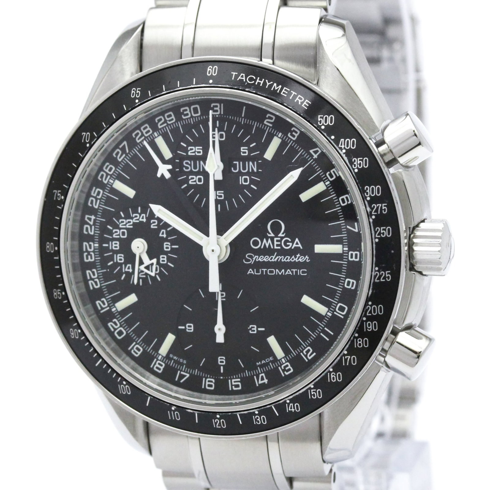 OMEGA Wristwatch Stainless Steel: OMEGA Wristwatch Stainless Steel Stainless steel case and band provide a durable foundation for this Omega Speedmaster watch, featuring a self-winding automatic movement and chronograph function. The 