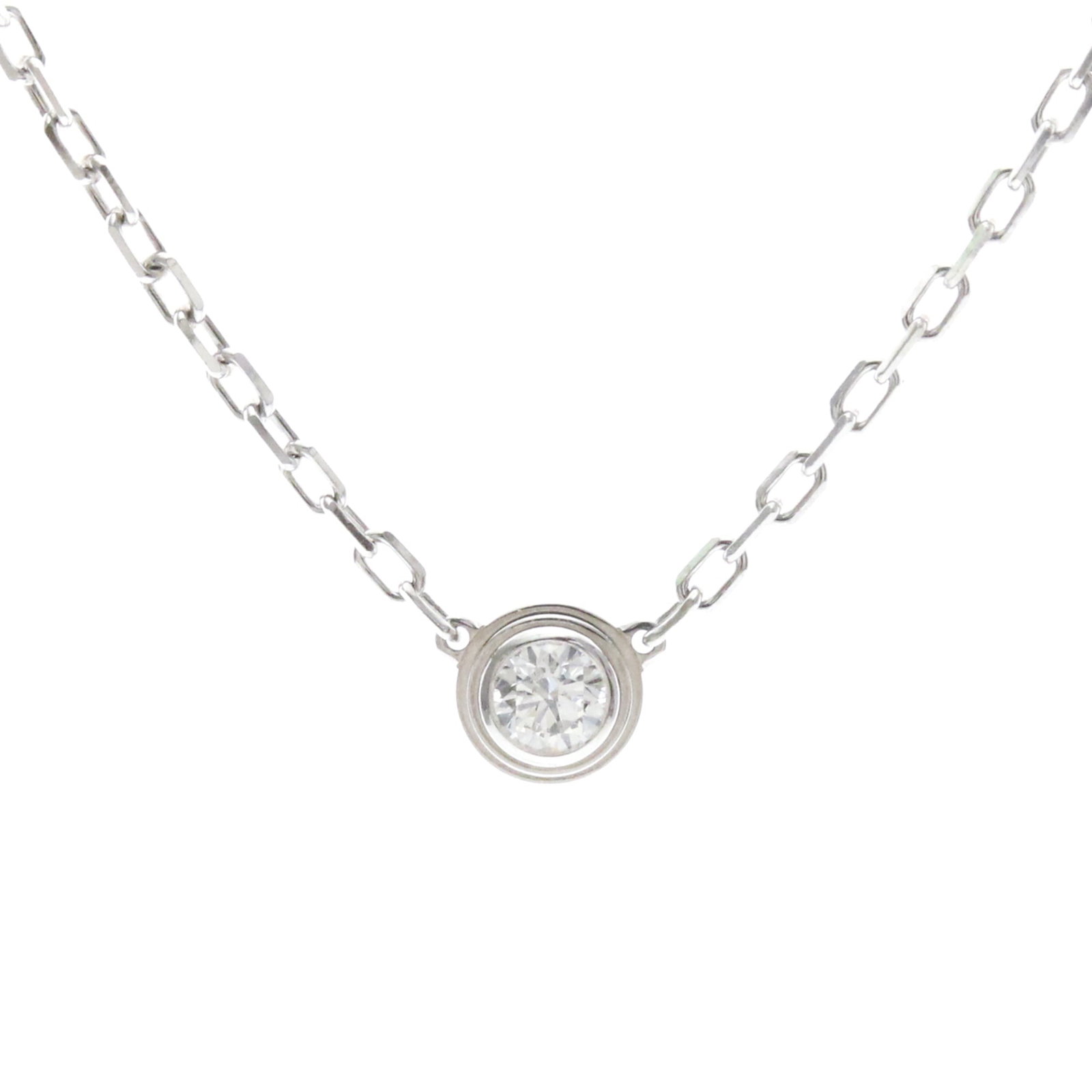 CARTIER White Gold (18K): CARTIER White Gold (18K) Damour necklace from Cartier, a renowned fashion brand, features a 2.8g diamond pendant set in 18K white gold. The necklace boasts a sleek design with a silver color and measu