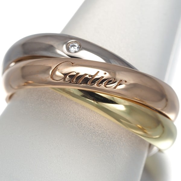 Cartier Ring Diamond Trinity 3Color Classic 5P Eu52 18K Yg/Wg/Rg: Cartier Ring Diamond Trinity 3Color Classic 5P Eu52 18K Yg/Wg/Rg Cartier's 3Color Classic ring showcases a striking multi-tone gold design, featuring 18k yellow, white, and rose gold. The ring's