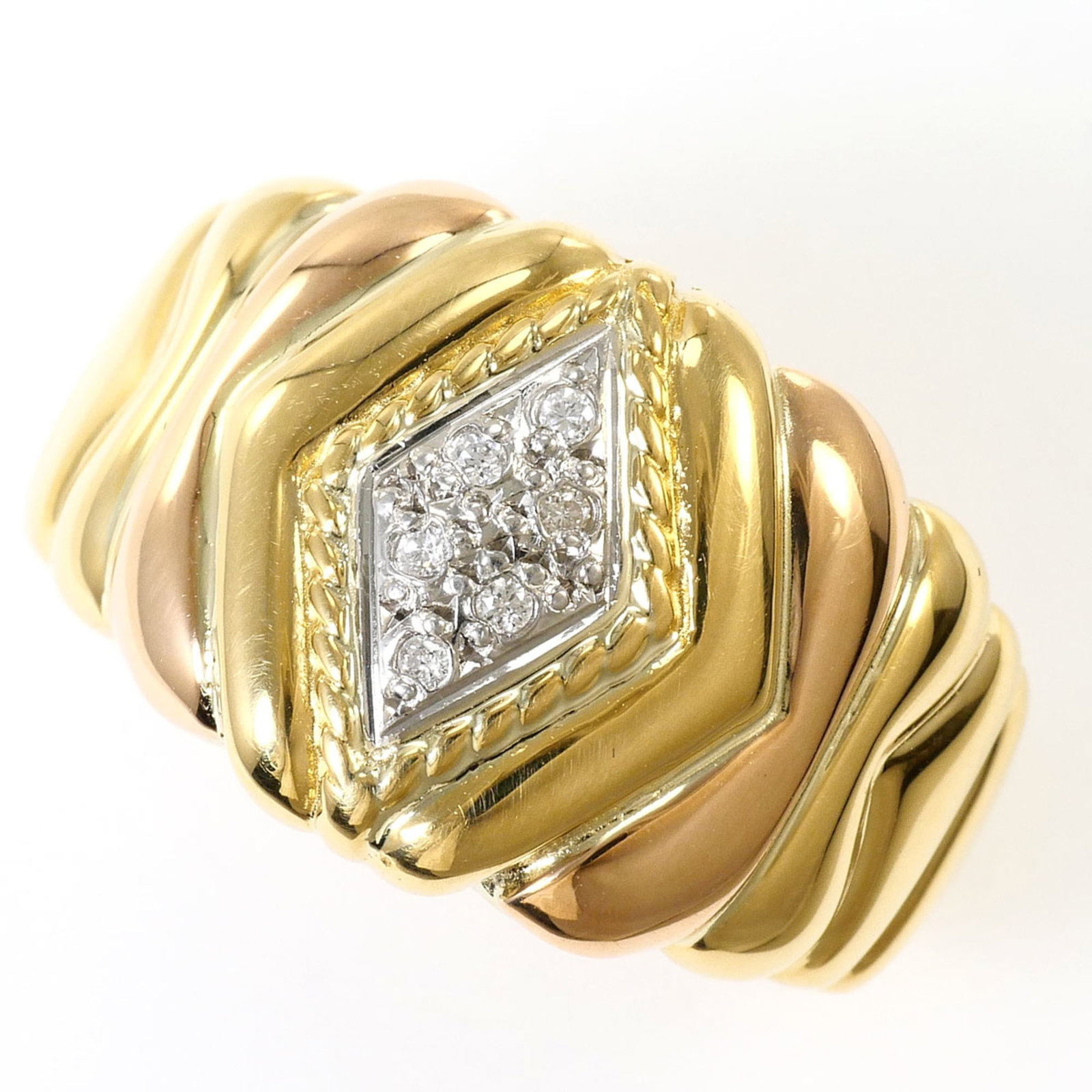Band Ring Pink Gold (18K) Platinum 900 Yellow Gold (18K): Band Ring Pink Gold (18K) Platinum 900 Yellow Gold (18K) Pink gold, Platinum, and Yellow gold come together in this elegant 18K band ring, featuring a 0.15ct diamond. The ring boasts a slender 7mm