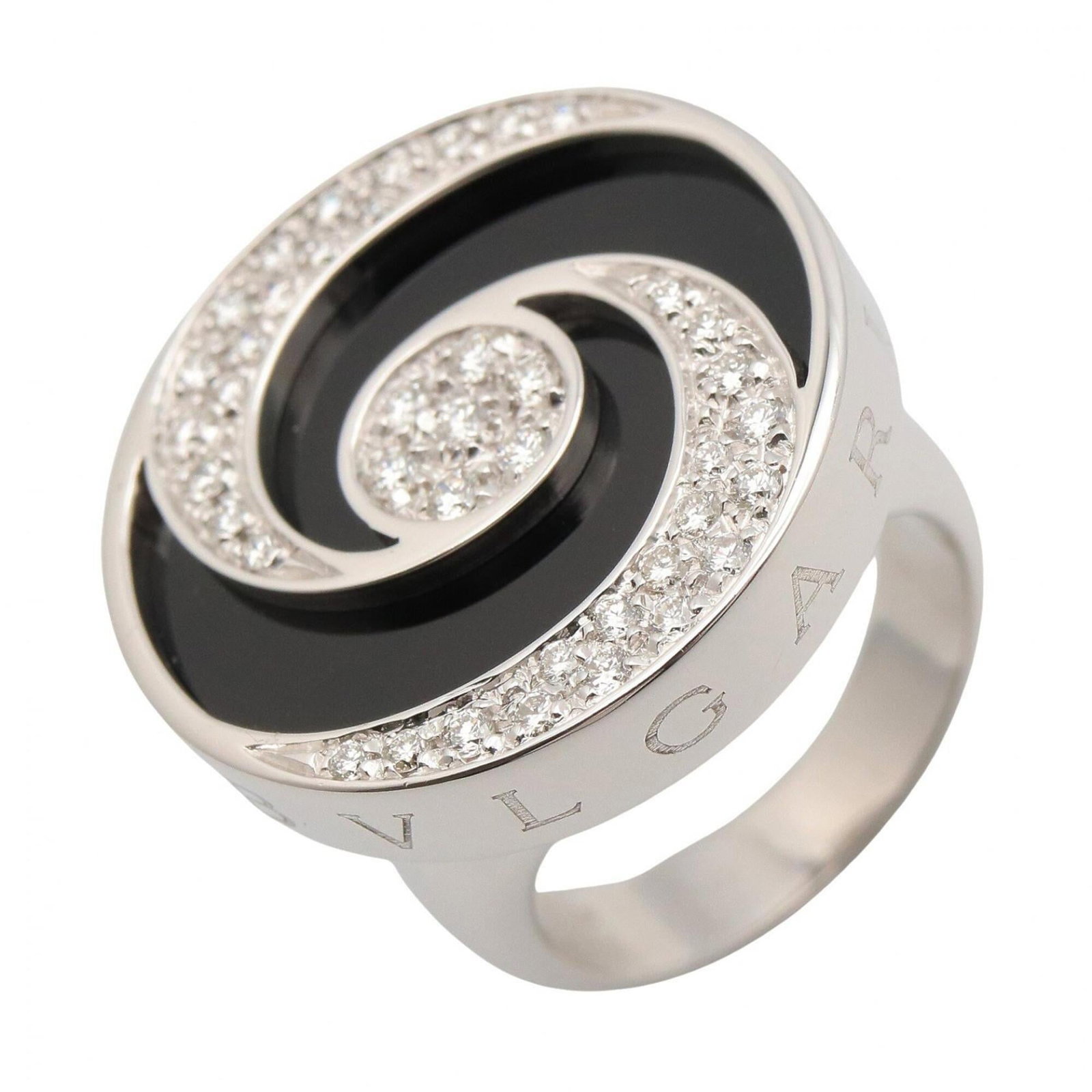 BVLGARI Band Ring Stainless Steel White Gold (18K): BVLGARI Band Ring Stainless Steel White Gold (18K) Stainless steel and white gold (18K) come together in this sleek Bvlgari band ring, featuring a diamond and onyx stone. The ring is made of durable